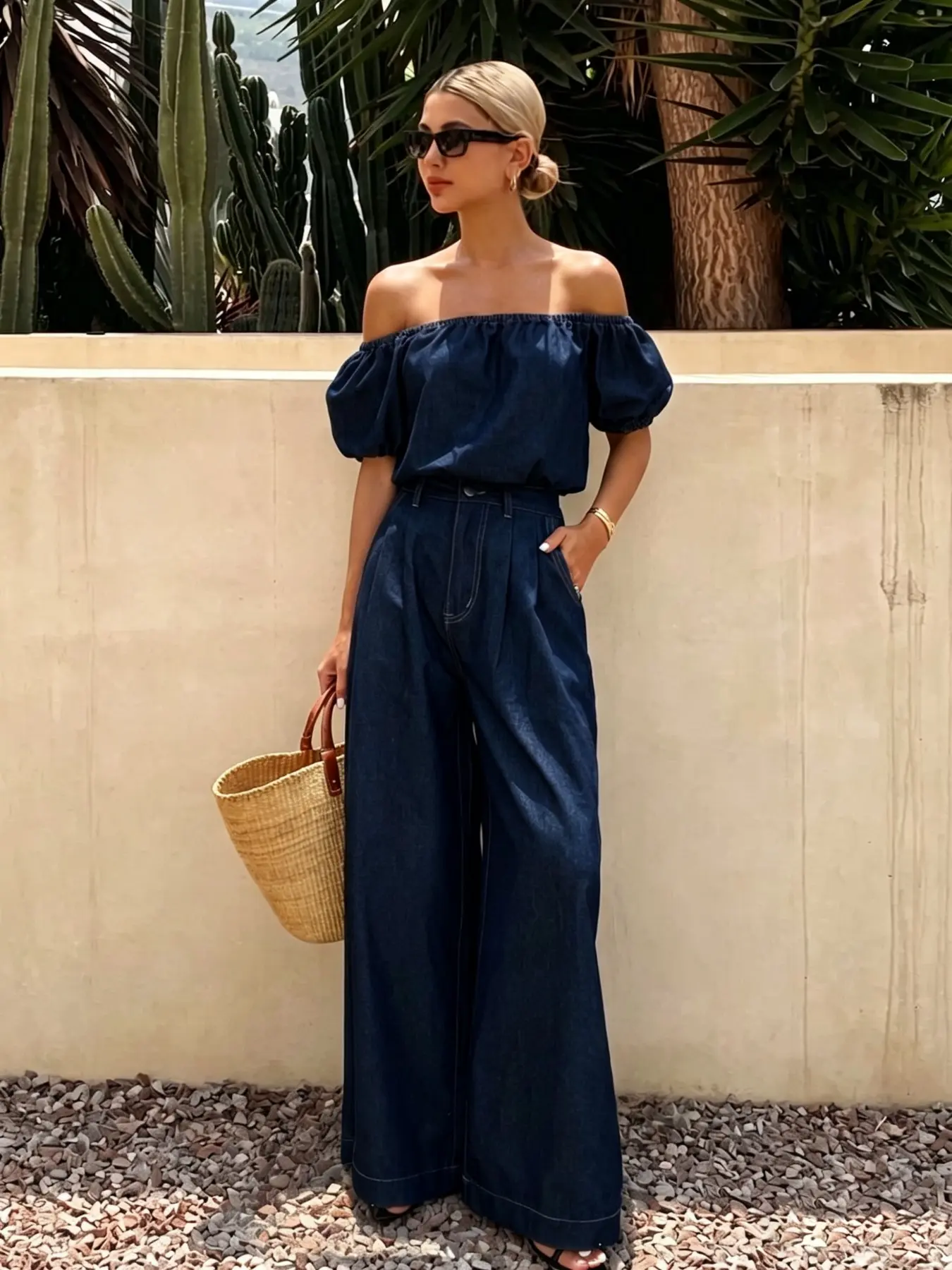 Women's Casual Denim Set, One-Shoulder Short Top + Wide-Leg Jeans, Vacation Style Fashion, Comfortable and Stylish