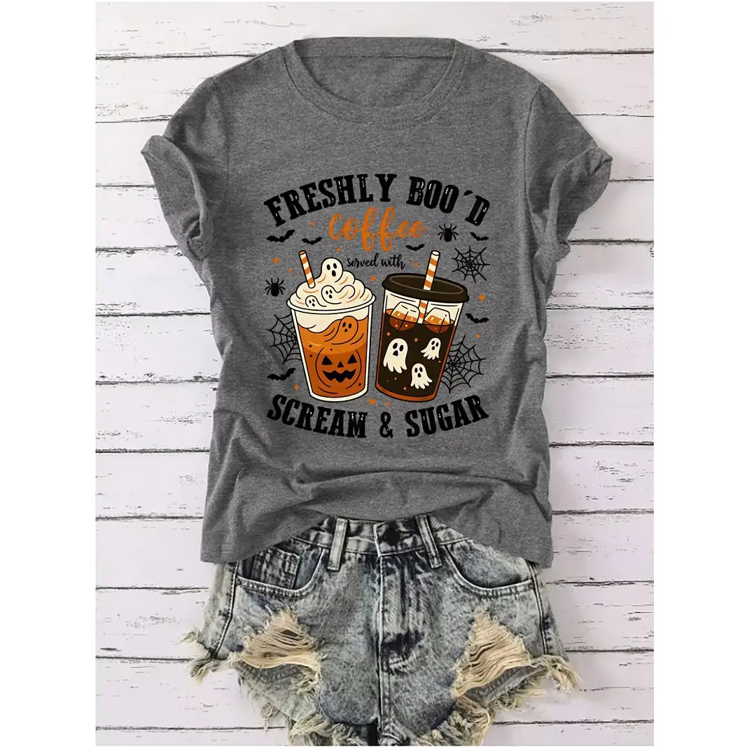 Halloween Ghost Coffee Graphic Oversized Cotton T‑Shirt,Fashion Comfort Fall Outfit,Best Halloween Gift For Him Her Friends