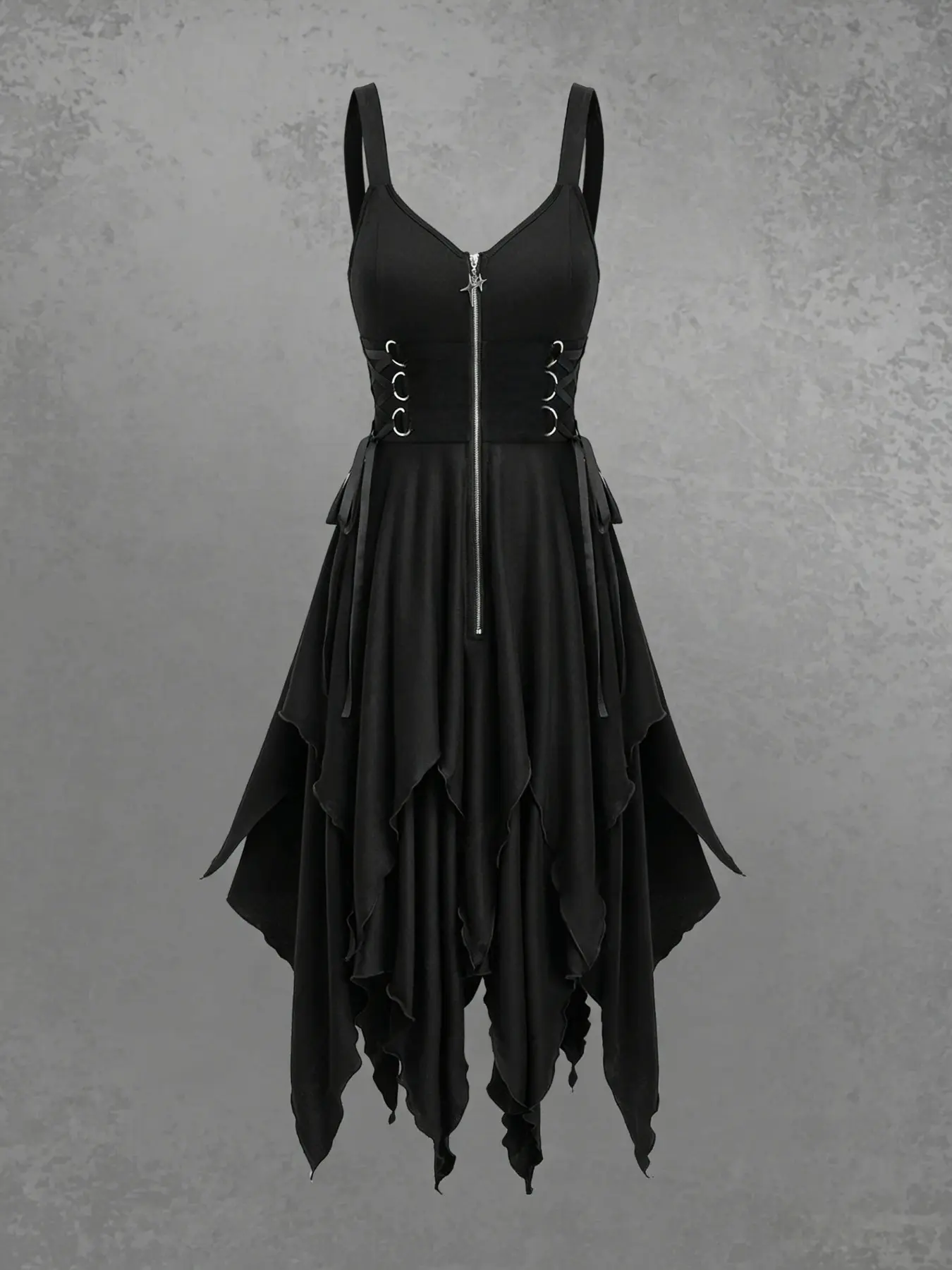Dark Punk Metal Eyelet Belted Halter Dress, Asymmetrical Ripped Hem Gothic Dress, Halloween Party Costume, Goth Event Wear