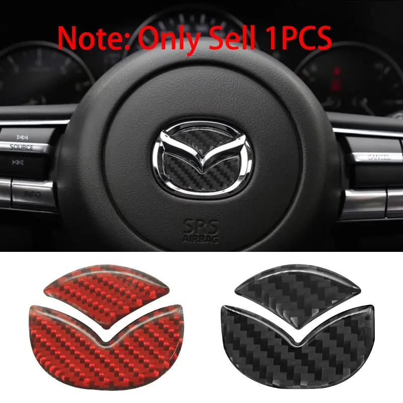 Mazda 1Pcs Carbon Fiber Black/Red Car Steering Wheel Center Emblem Badge Sticker Decal Decoration Auto Accessories For Mazda 3 6 CX5 CX3 CX9 CX-5 CX-4 MX5 RX8 MS GH BK MP CX30 CX7 BM Axela ATENZA Car Stickers