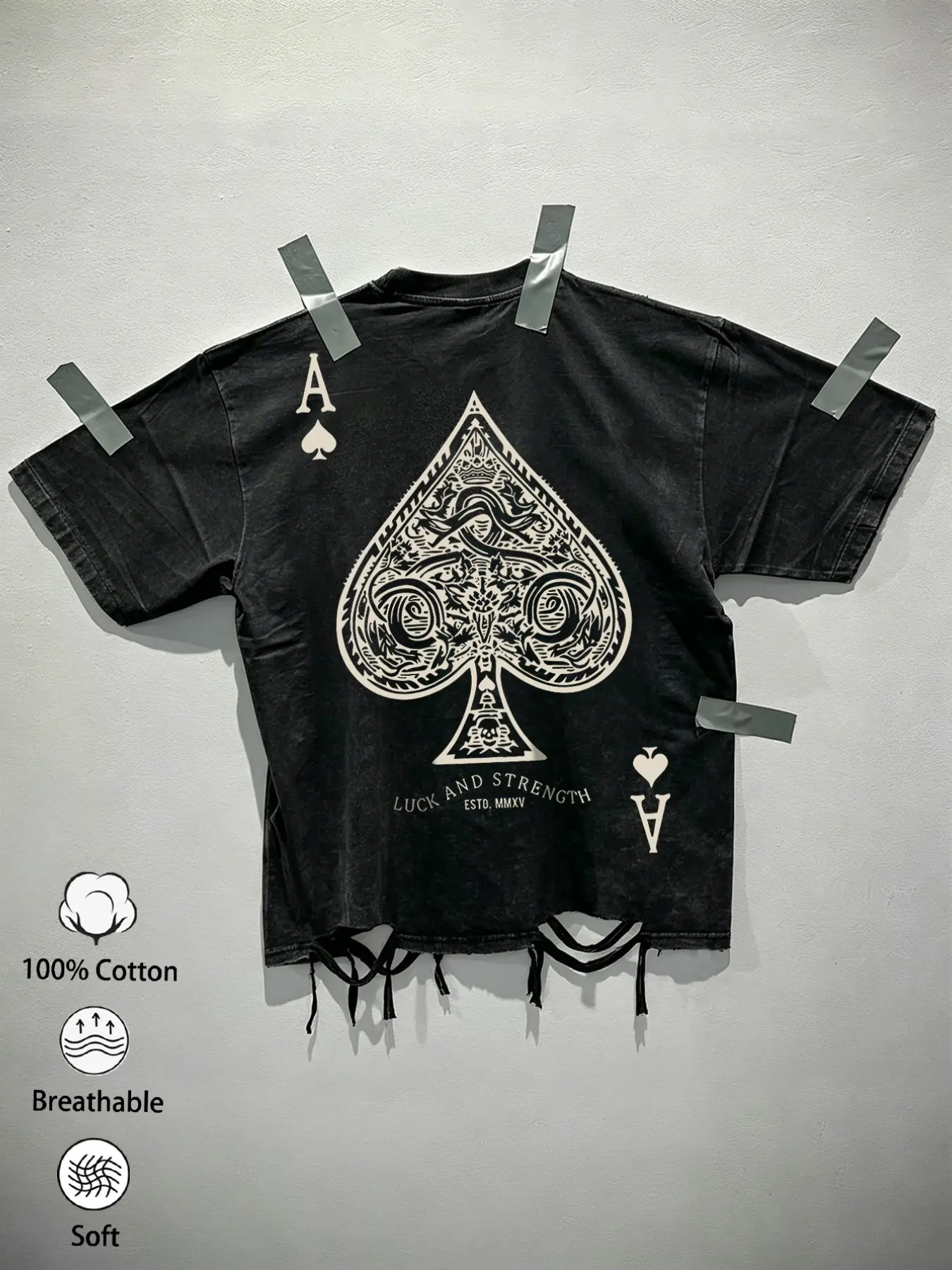 1Pc Men's T-Shirt 100% Cotton Vintage Black Acid Wash Ace of Spades Graphic Ripped Tassels Hem Tee Breathable Loose Top