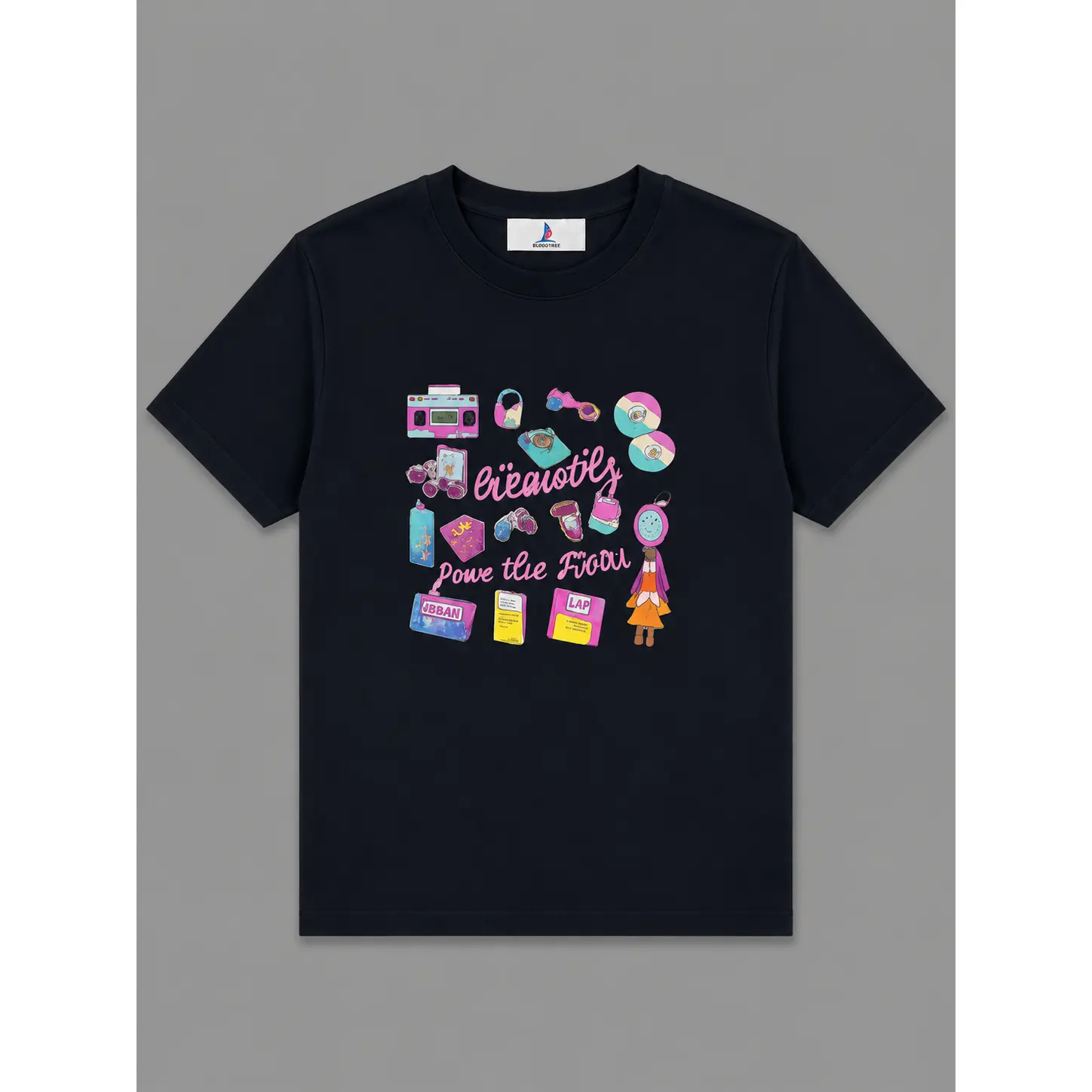 Women's Y2K 2000s Retro Pastel Doodle Graphic Oversized Unisex 3/4 Sleeve T-Shirt - Cute Hand-Drawn Gadget, Doll, Makeup Cartoon Print, Dark Navy Casual Embroidered Tee for Couples, Zodiac, Llama, Poison Themed