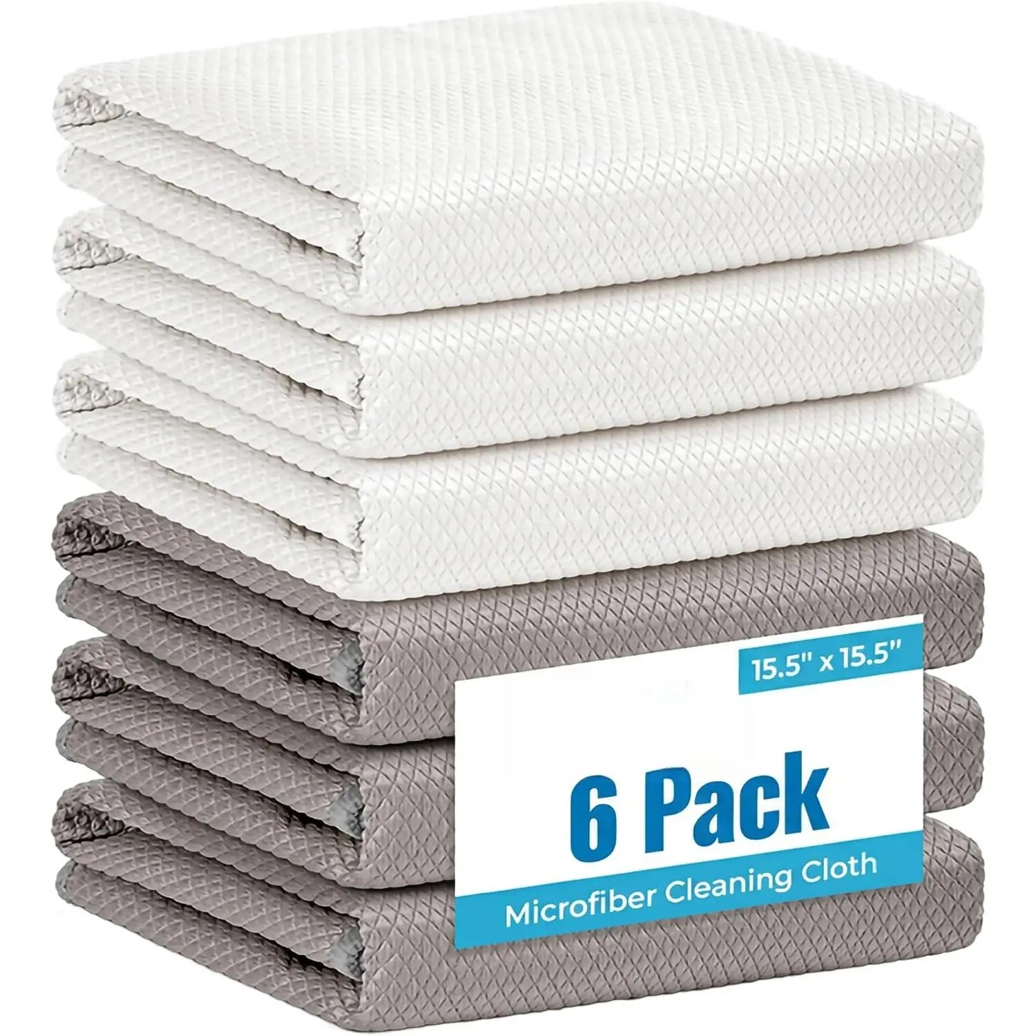 Microfiber Glass Cleaning Cloth, White Gray, 6 Pack