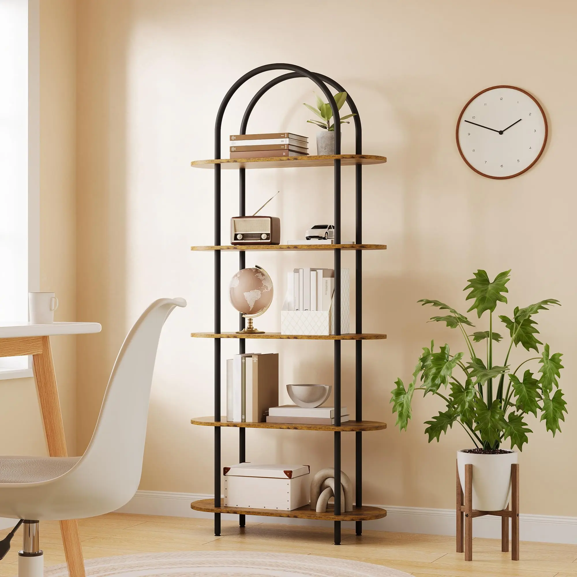 Garvee 5-tier shelf with arched shelves, industrial open shelf 180 cm high, modern independent shelf with metal frame, for living room, bedroom, home office
