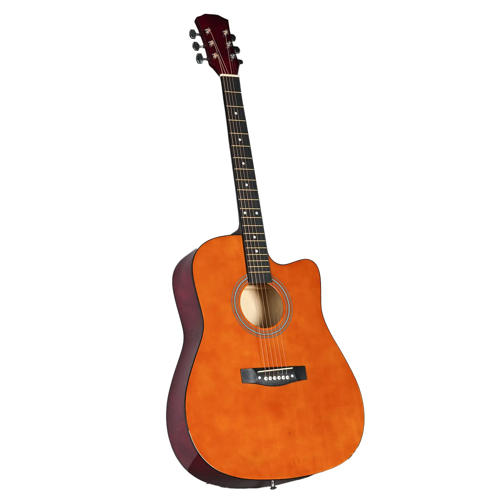 Brown 41-inch Dreadnought barrel-shaped cutaway acoustic guitar with pick, strings, capo, gig bag, tuner, wrench tool, and shoulder strap