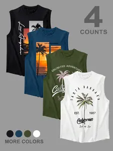 Men's Classic 4-Piece Set Letter Tropical Palm Tree Print Round Neck Sleeveless T-Shirt, Casual Comfortable Vest Top, Ideal for Summer Outdoor Fitness