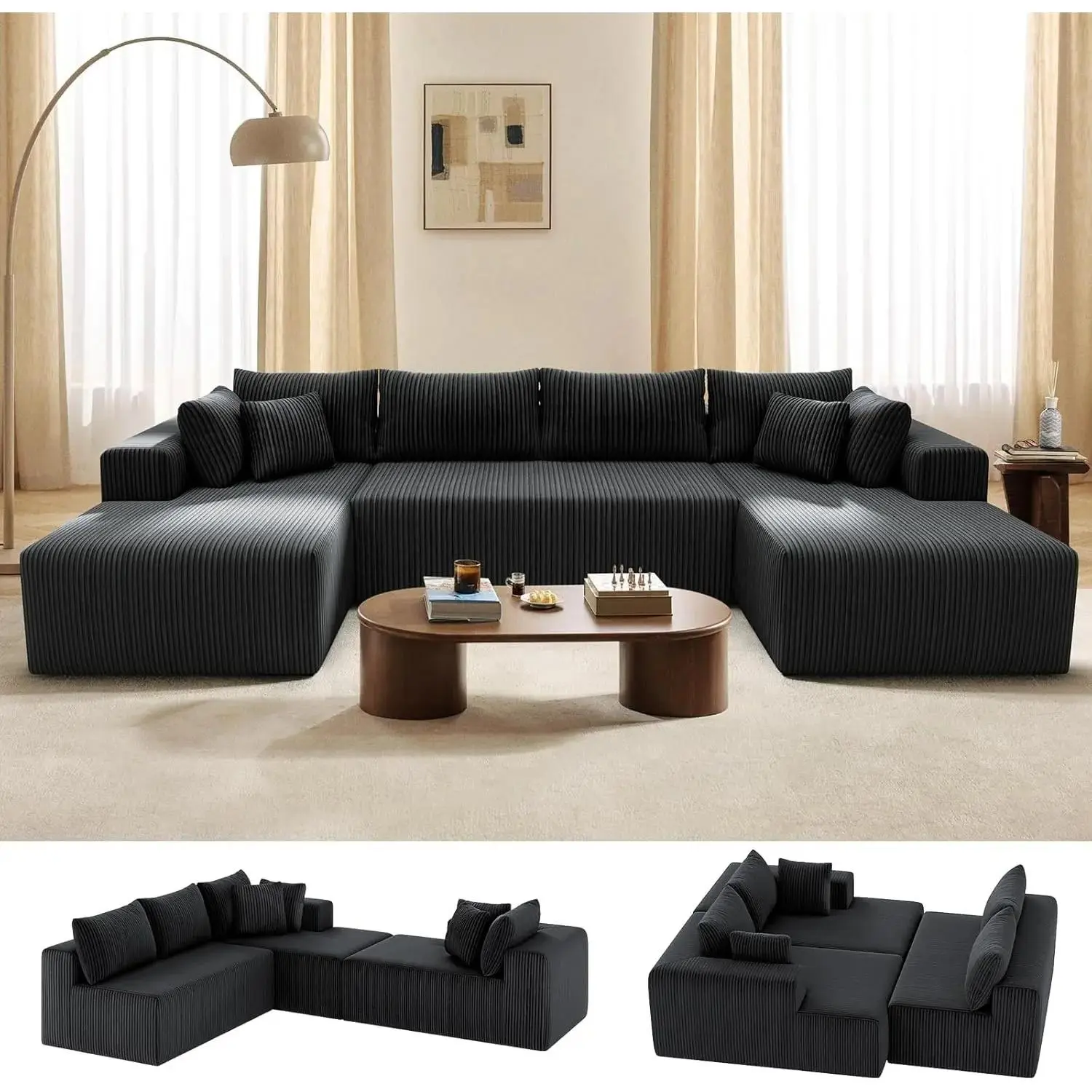 131" U-Shape Plush Cotton Comfy Couch Set - No-Assembly Indoor Living Room Furniture with Memory Foam, Footstool, Oversized Chaise Lounge, Storage, Modular Bean Bag-Inspired Design, Sleeper Function, Seat Back Support, Striped Fabric, U/L Shape