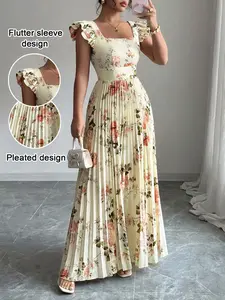 Women's Square Neck Floral Elegant Pleated Ruffled Long Dress, High Tie-waist Slim Fit A-Line Party Dresses, With Ruffled Short Sleeves, Elegant and Romantic Women's Dresses, Floral Pattern Dress Aesthetic