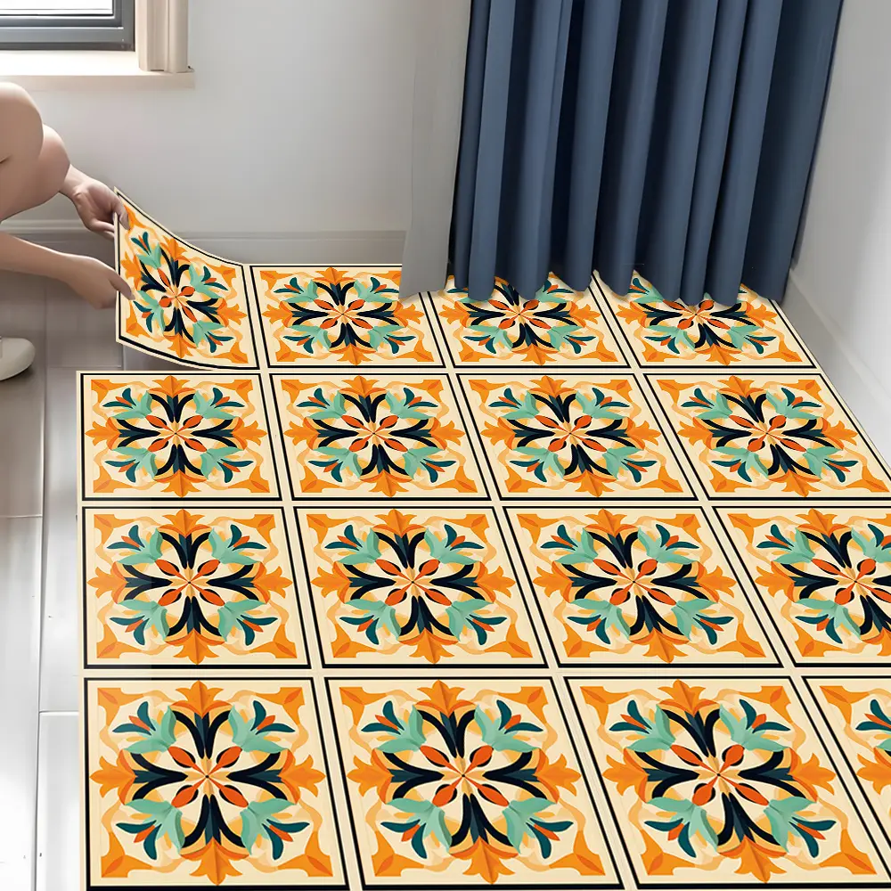 10pcs 2D Flat Vinyl Floor Tiles - Elegant Vintage Design Pattern, Peel and Stick Removable Self-Adhesive Flooring, 11.81x11.81 Inch Square Tiles, Suitable for Kitchen, Bedroom, Living Room, Bathroom - Durable PVC Flooring, Easy Installation, No Glue