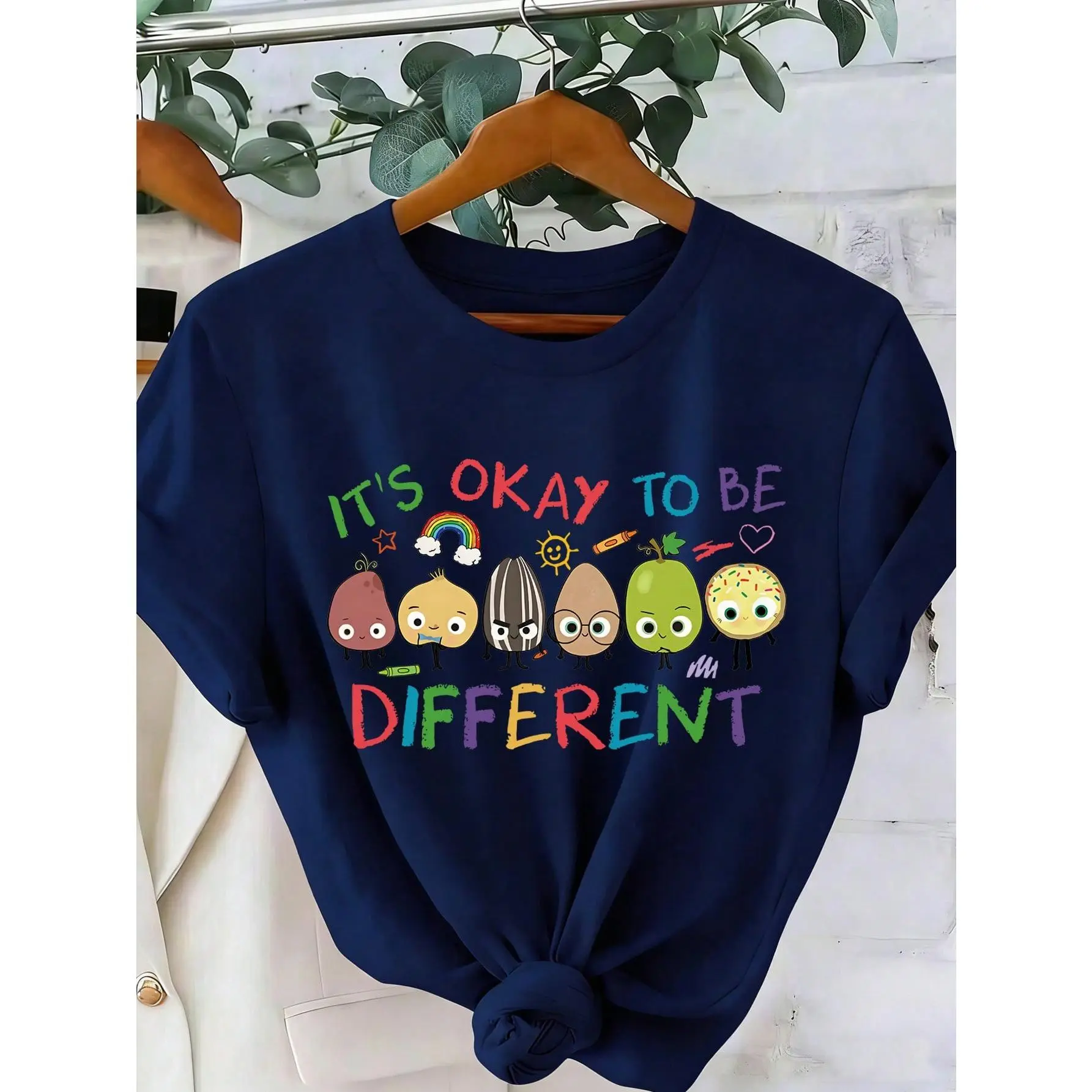 Navy Knitted Short-Sleeve Sports Top - Polyester Blend, Medium Stretch, School Casual, "It's Okay To Be Different" Graphic, Neurodiversity Gift, Special Education AAC Teacher Shirts, Round Neck, Back To School Haul
