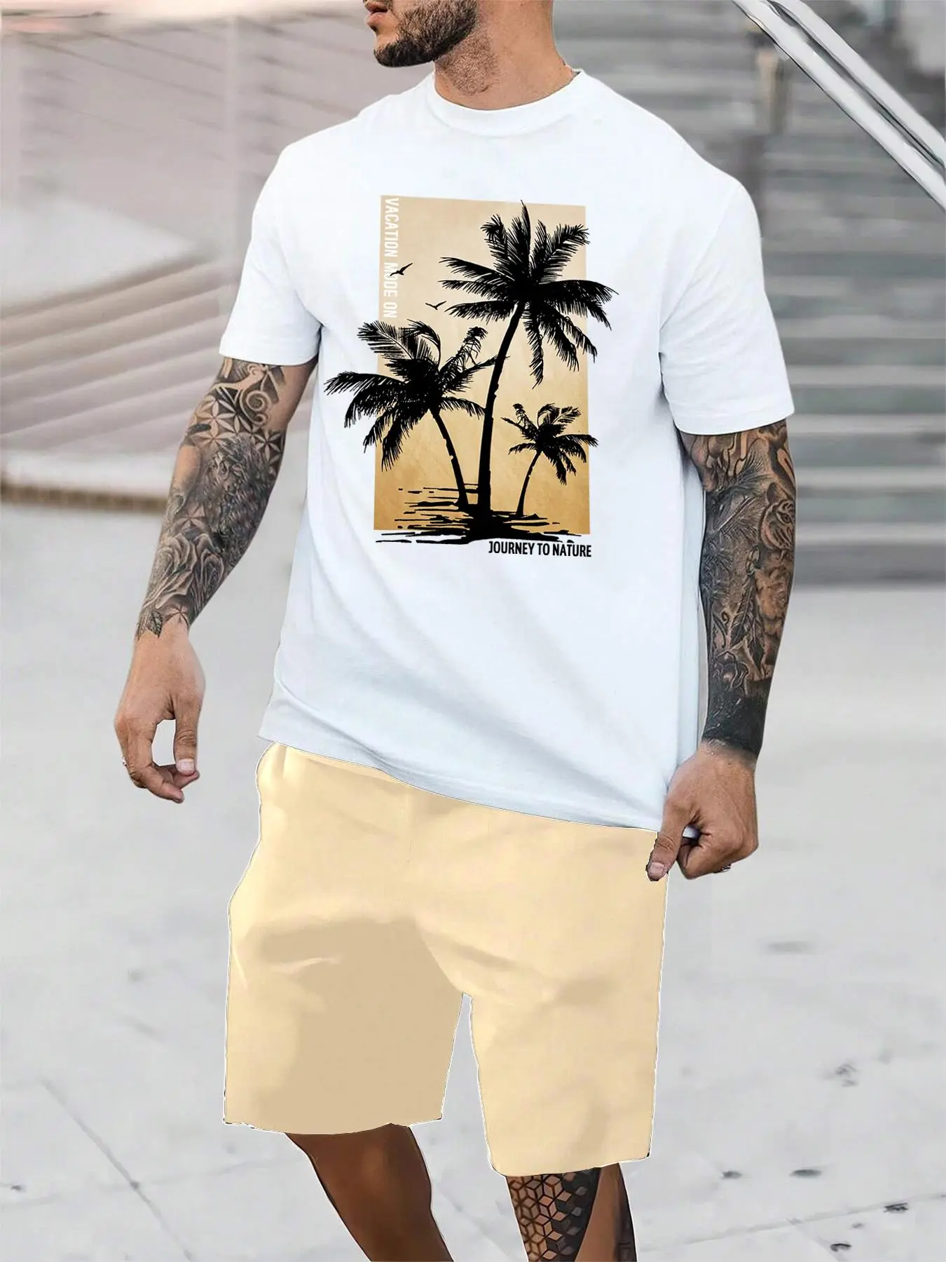 Two-Piece Set Men's Coconut Tree Graphic Crew Neck Tee & Drawstring Shorts Set, Loose Casual Round Neck Short Sleeve T-Shirt & Elastic Waist Pocket Shorts, Summer Men's Two-Piece Outfits