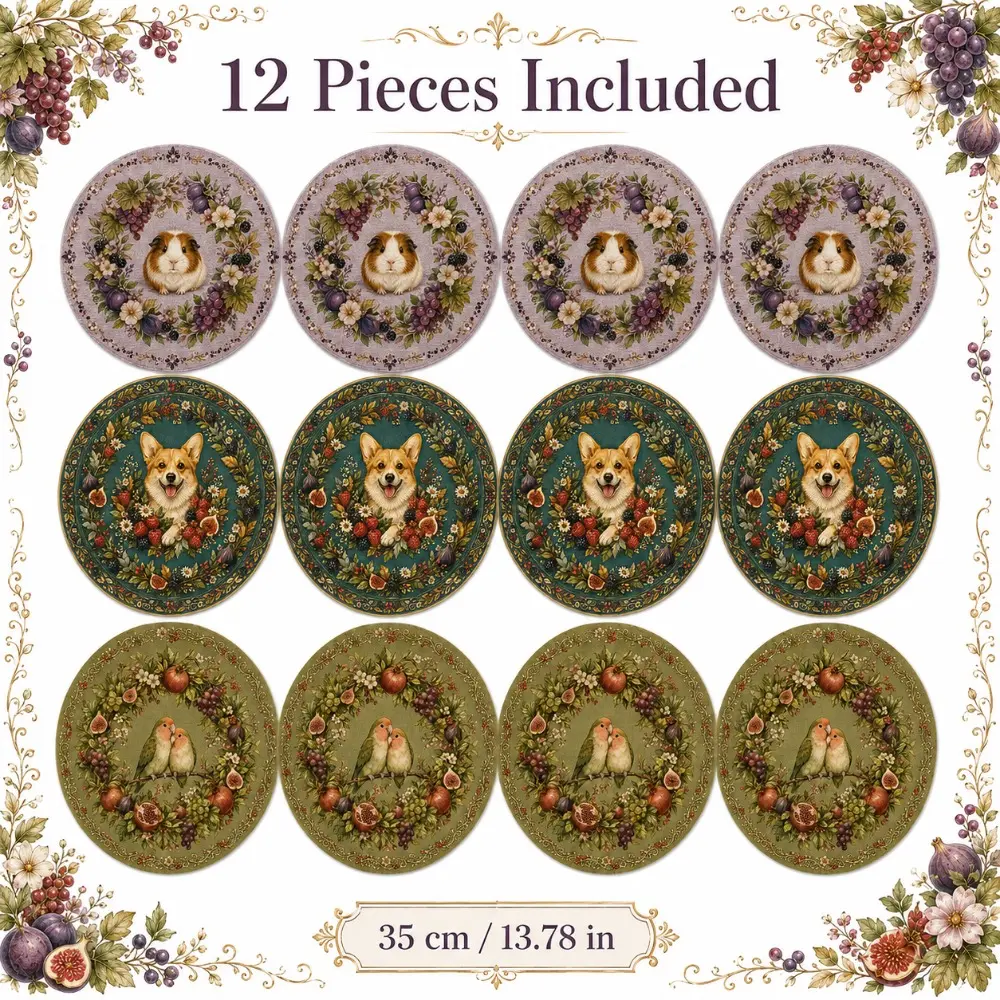 12 Pieces Round Placemats Set, 35cm (13.78in) Large Washable Table Mats, 3 Designs 4 of Each, Floral Fruit Bird Dog Cat Animal Vintage Decorative Dining Placemats for Kitchen, Home, Holiday Party Table Decor, Non-Slip Heat Resistant Table Mats