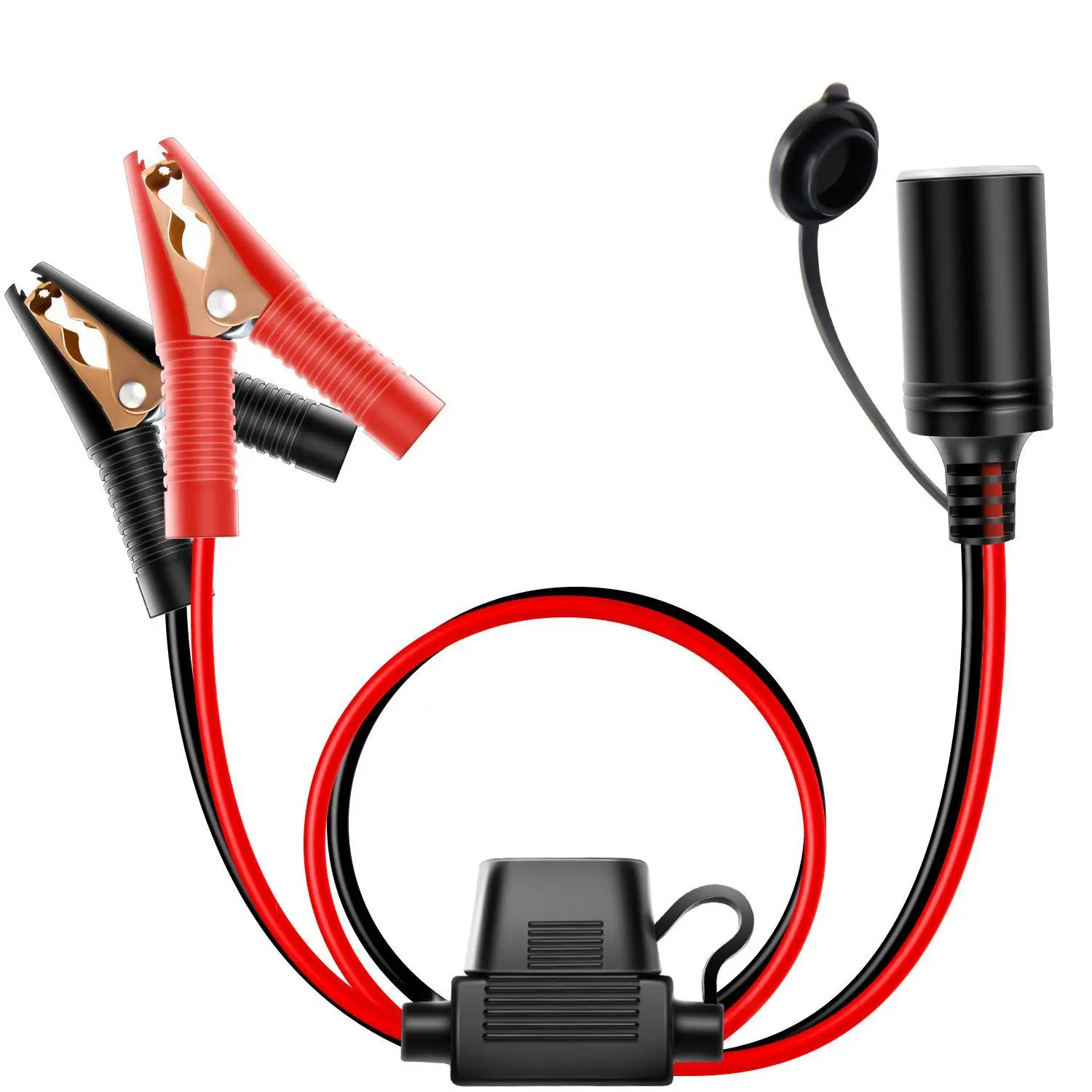 Nilight 15A Blade Fuse Car Battery Extension Cable, 16AWG Copper Wire 4.9FT/1.5m Alligator Clip-On Cord with Plug Socket Clamp, Female Cigarette Lighter Adapter, 24V Overload Protection