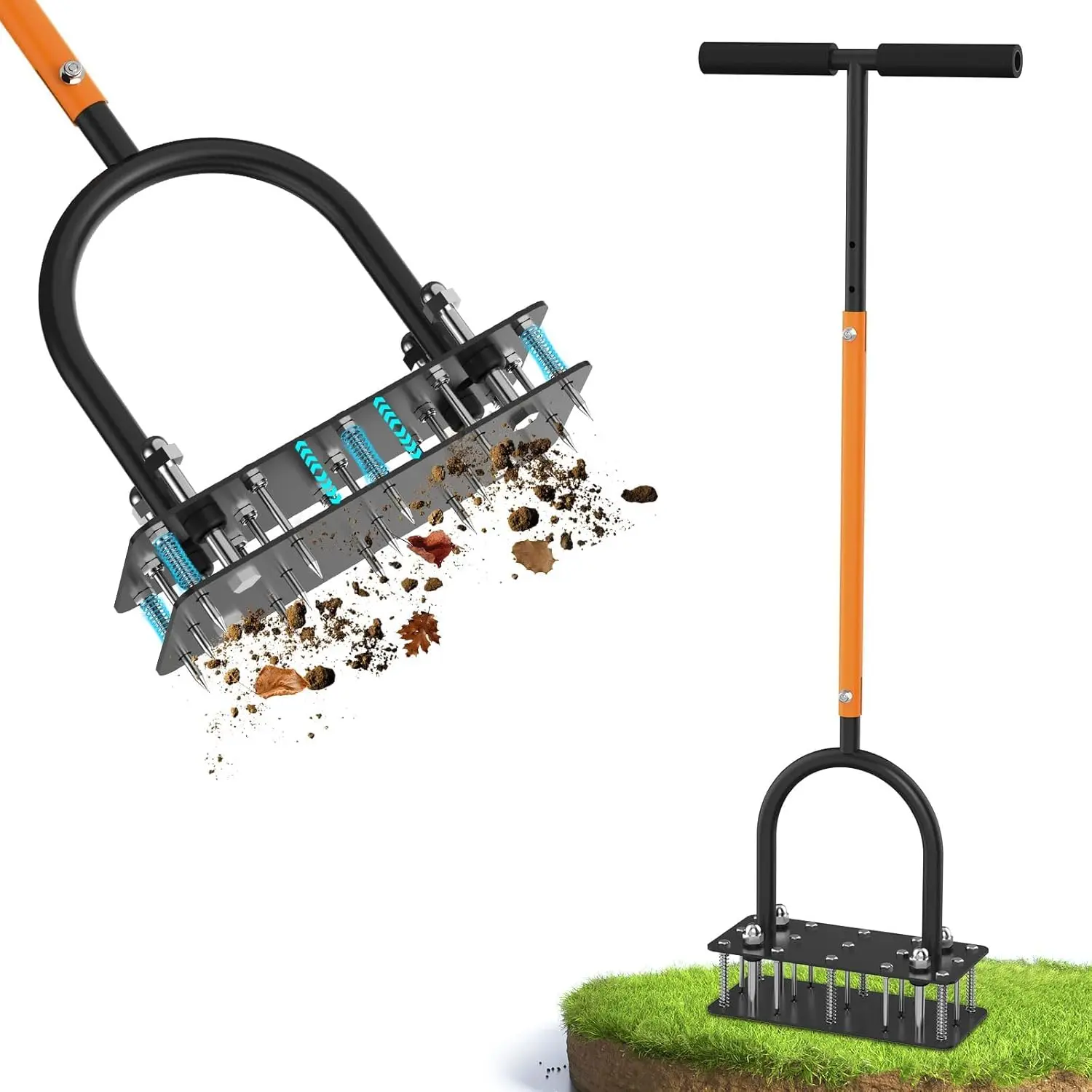 Manual Lawn Aerator Tool with 15 Spikes, 32"-35" Adjustable T-Handle Aerator for Lawn, Automatic Dirt Ejection Design, Heavy Duty Yard Grass Aerator for Soil Compaction, Black & Orange