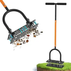 Manual Lawn Aerator Tool with 15 Spikes, 32"-35" Adjustable T-Handle Aerator for Lawn, Automatic Dirt Ejection Design, Heavy Duty Yard Grass Aerator for Soil Compaction, Black & Orange
