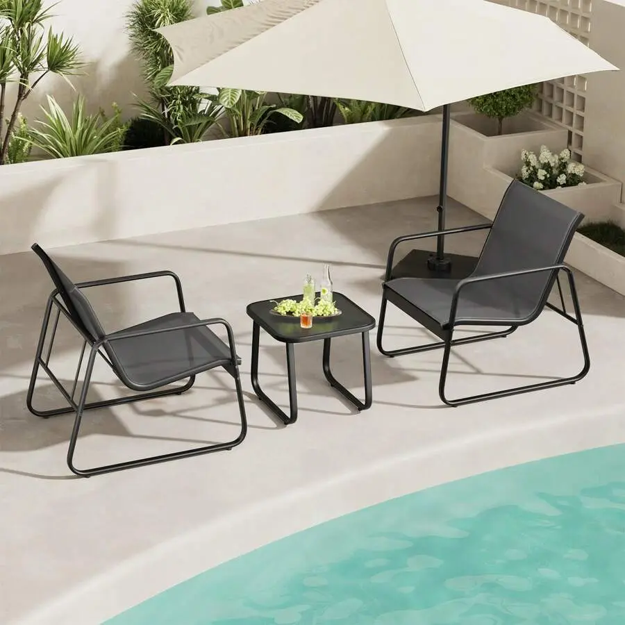 Outdoor Furniture Sets 3-Piece All-Weather Patio Bistro Set - Sturdy Pool & Backyard Furniture with 2 Breathable Textilene Curved Arms Chairs, Tempered Glass Table, Rustproof Stainless Steel Frame, Anti-Collision Design for Balcony Relaxation & Decoration