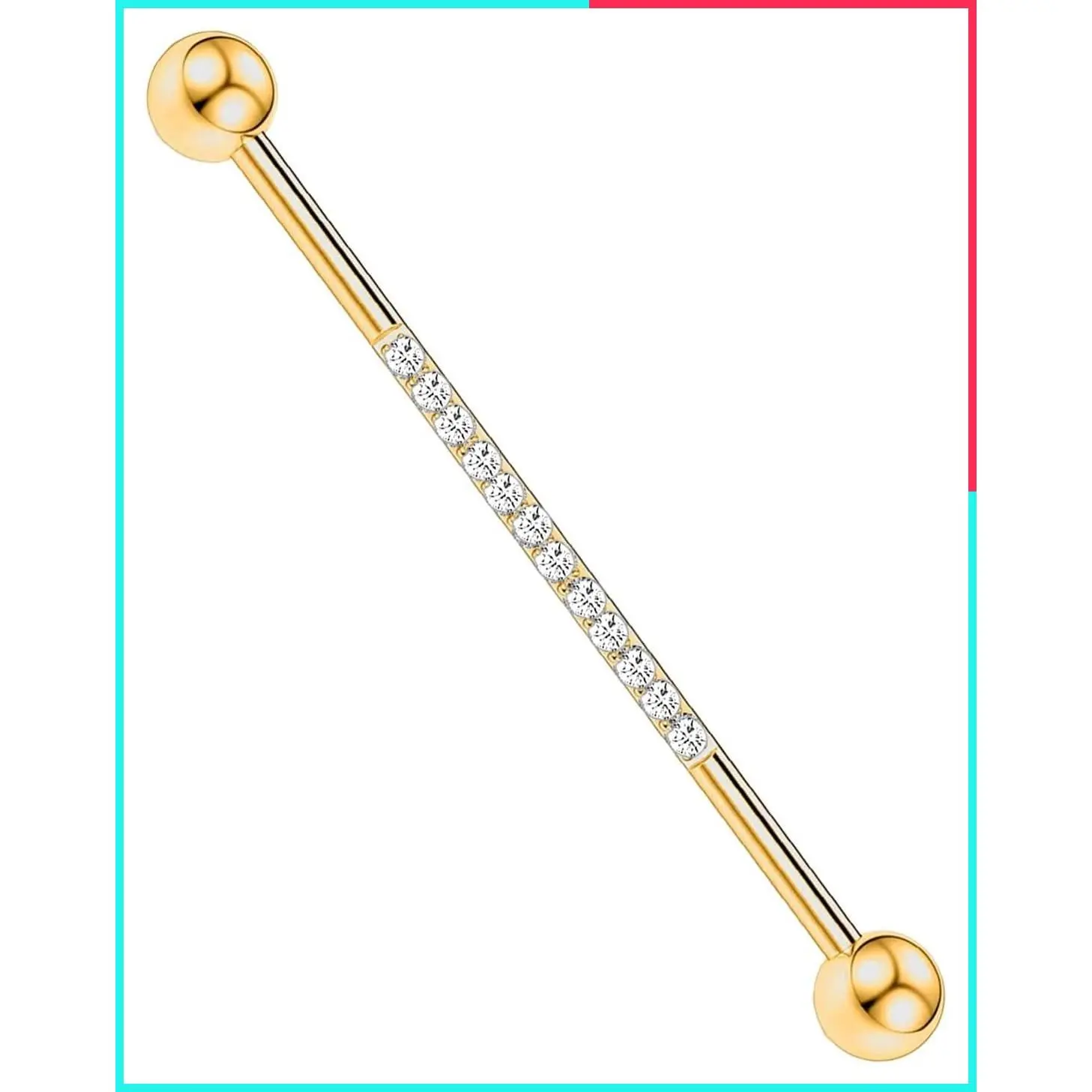 Gold Industrial Barbell Earrings 14G Surgical Steel 38mm 1.5 Inch with Cubic Zirconia Piercing Jewelry for Women Men