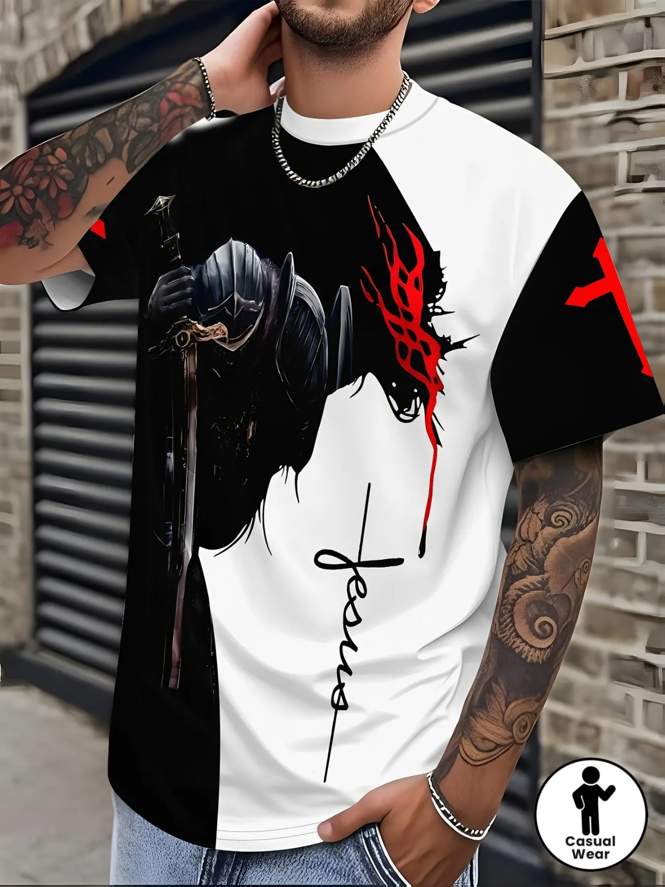 Men's Printed Short Sleeve T-Shirt, Dark Knight Blood Blade Pattern, Streetwear Brand, Comfortable Breathable Sporty Casual Top