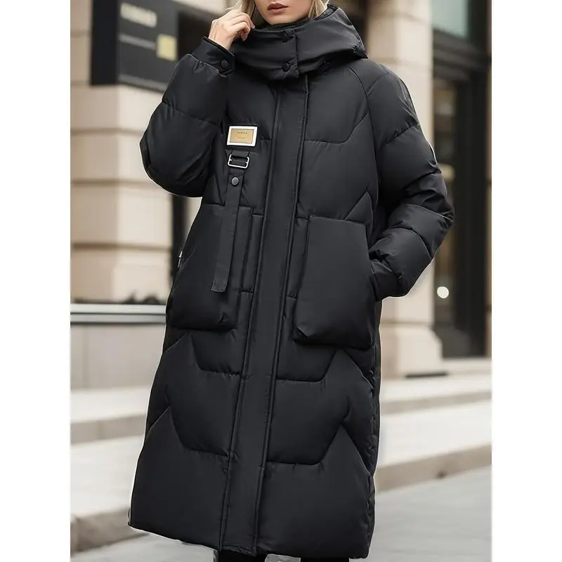 Women's Casual Long Hooded Jacket - Thick, Warm Puffer Coat with Pockets Fall/Winter, Machine Washable Collar Womenswear