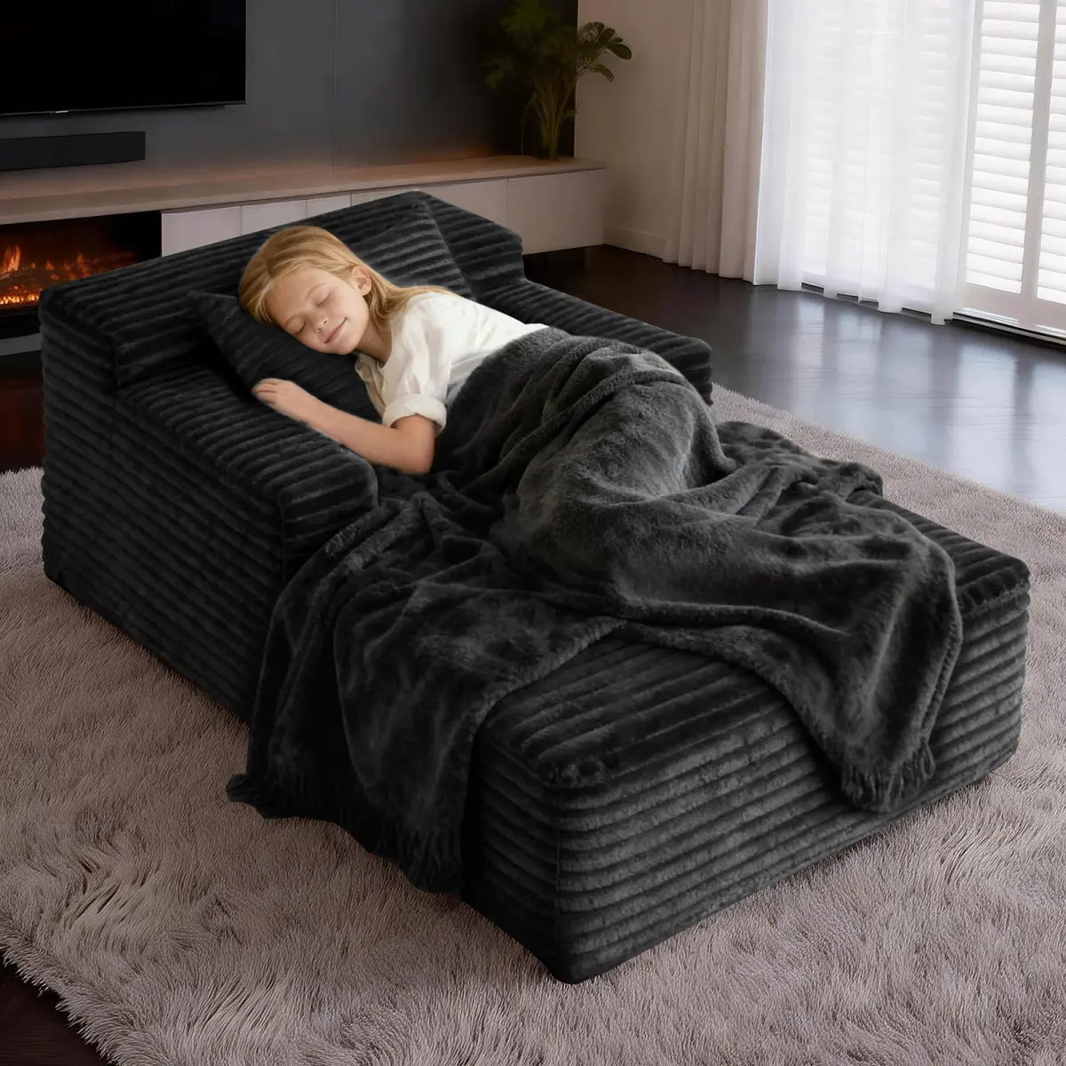 Small Chaise Lounges,Compressed Modular Chaise Lounge Sofa, Striped Corduroy Memory Foam Daybed, Single Lazy Floor Couch for Living Room Bedroom