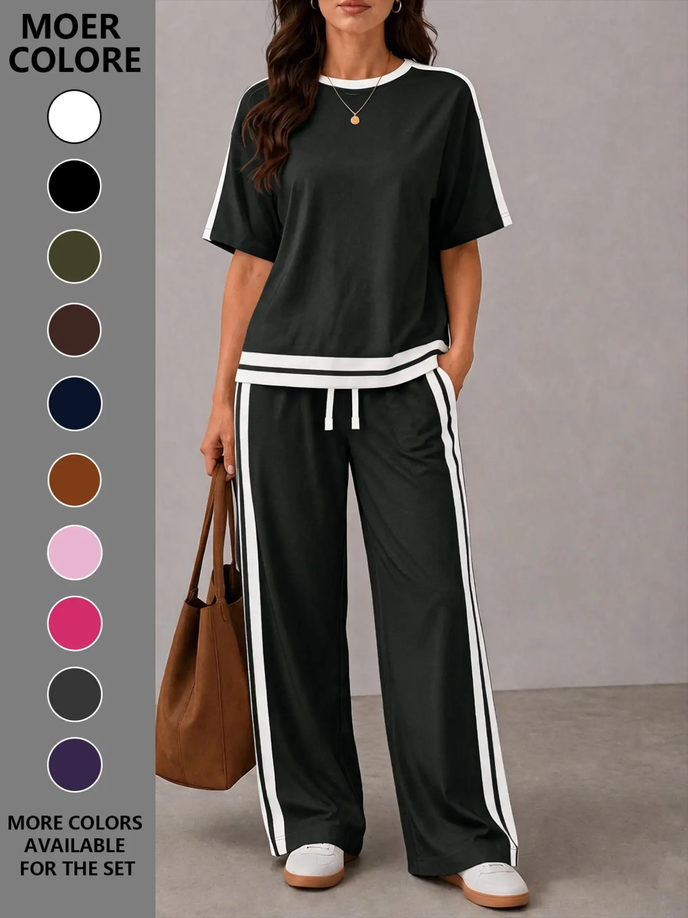 Women's Casual Sportswear Set, Plain Round Neck Short Sleeve T-Shirt and Striped Pants, Spring Summer Two-Piece, All Seasons