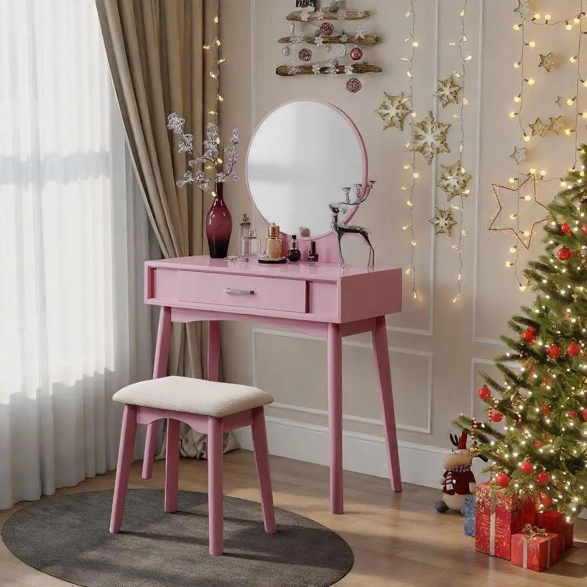 Maly Contemporary Wood Makeup Vanity and Stool Set - Blush Pink, Round Mirror, Tapered Legs, Vanity & Storage & Makeup Organization, On-Site Service Included