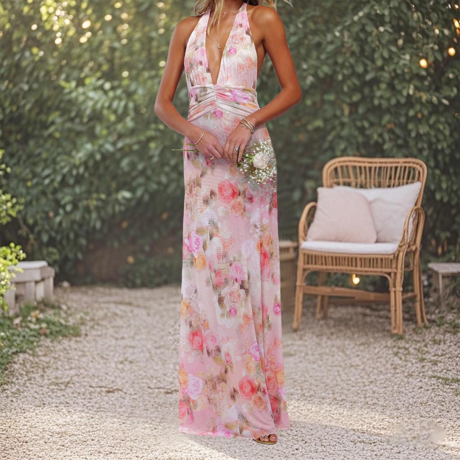 Women Long Dress, Sleeveless Halter Dress Backless Flower/Dots Print Summer Cocktail Dress Casual Light sundress Cotton Candy Outfit Beach Outfits #TiktokShopBacktoSchool