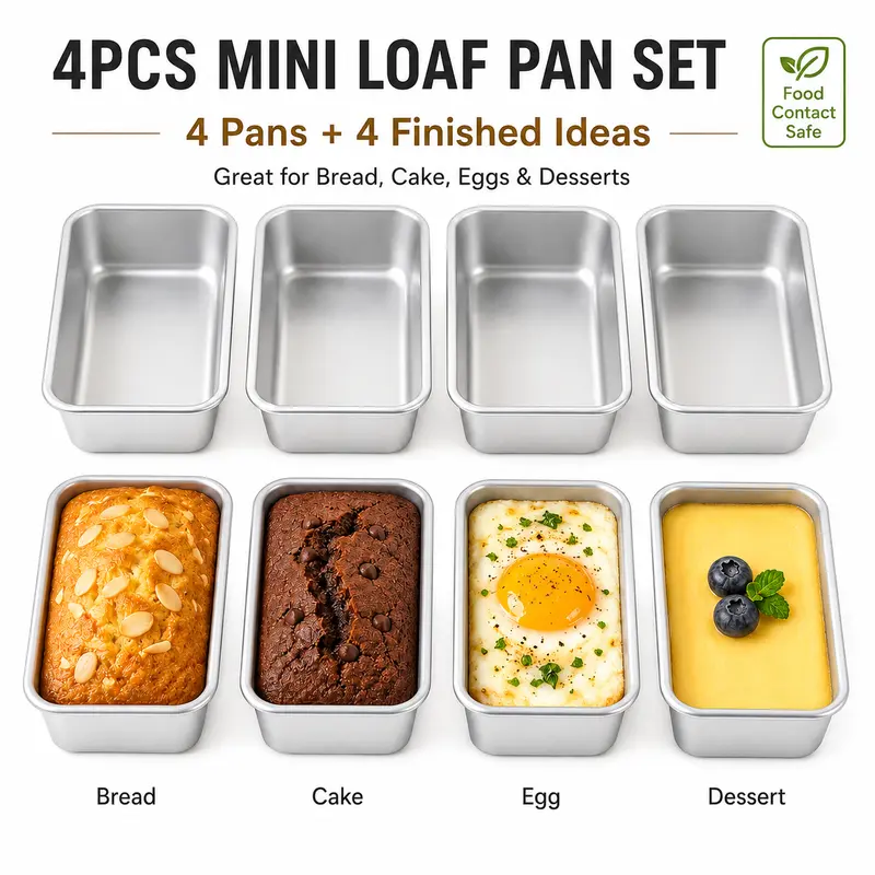 4pcs Food Grade Aluminum Oblong Bakeware Set - Rectangular Mini Metal Loaf Pans, Multi-Use Baking Molds, Even Layers, Air Fryer Compatible Kitchen Supplies, Loaf Pan