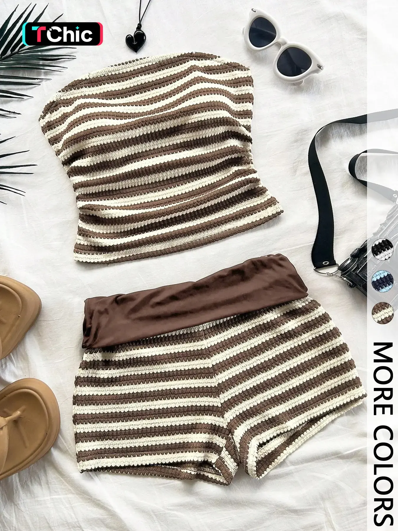 Cute striped 2-piece set ， Smocked cropped tube top + shorts — perfect for summer outings Outfits