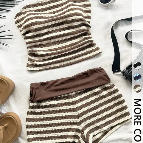Cute striped 2-piece set, Fashion clothes set ， Smocked cropped Sleeveless tube top + shorts — perfect for summer outings Outfits