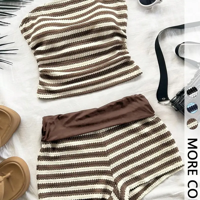 Cute striped 2-piece set, Fashion clothes set ， Smocked cropped Sleeveless tube top + shorts — perfect for summer outings Outfits