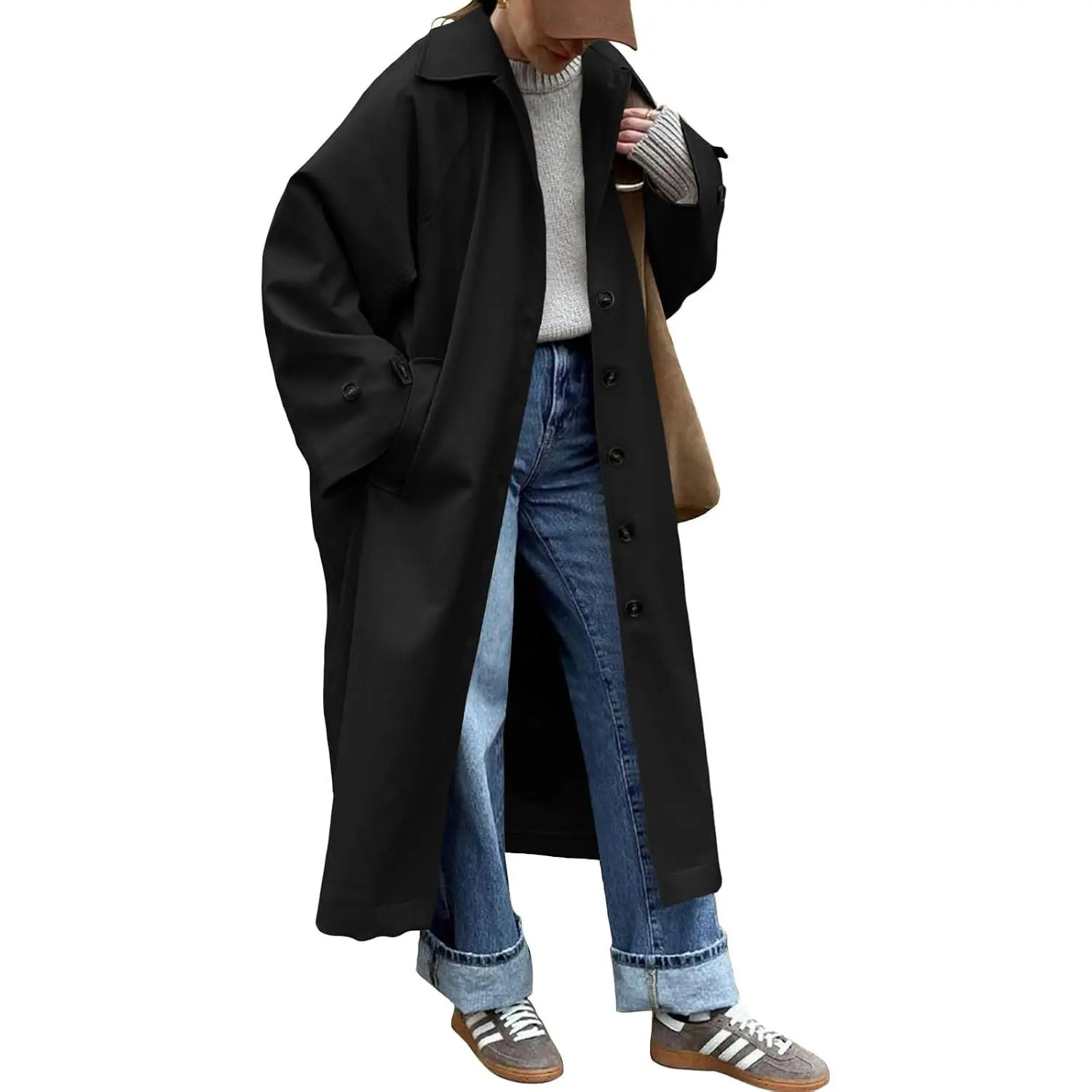Womens Long Trench Coat Single Breasted Oversized Windproof Classic Lapel Fall Overcoat