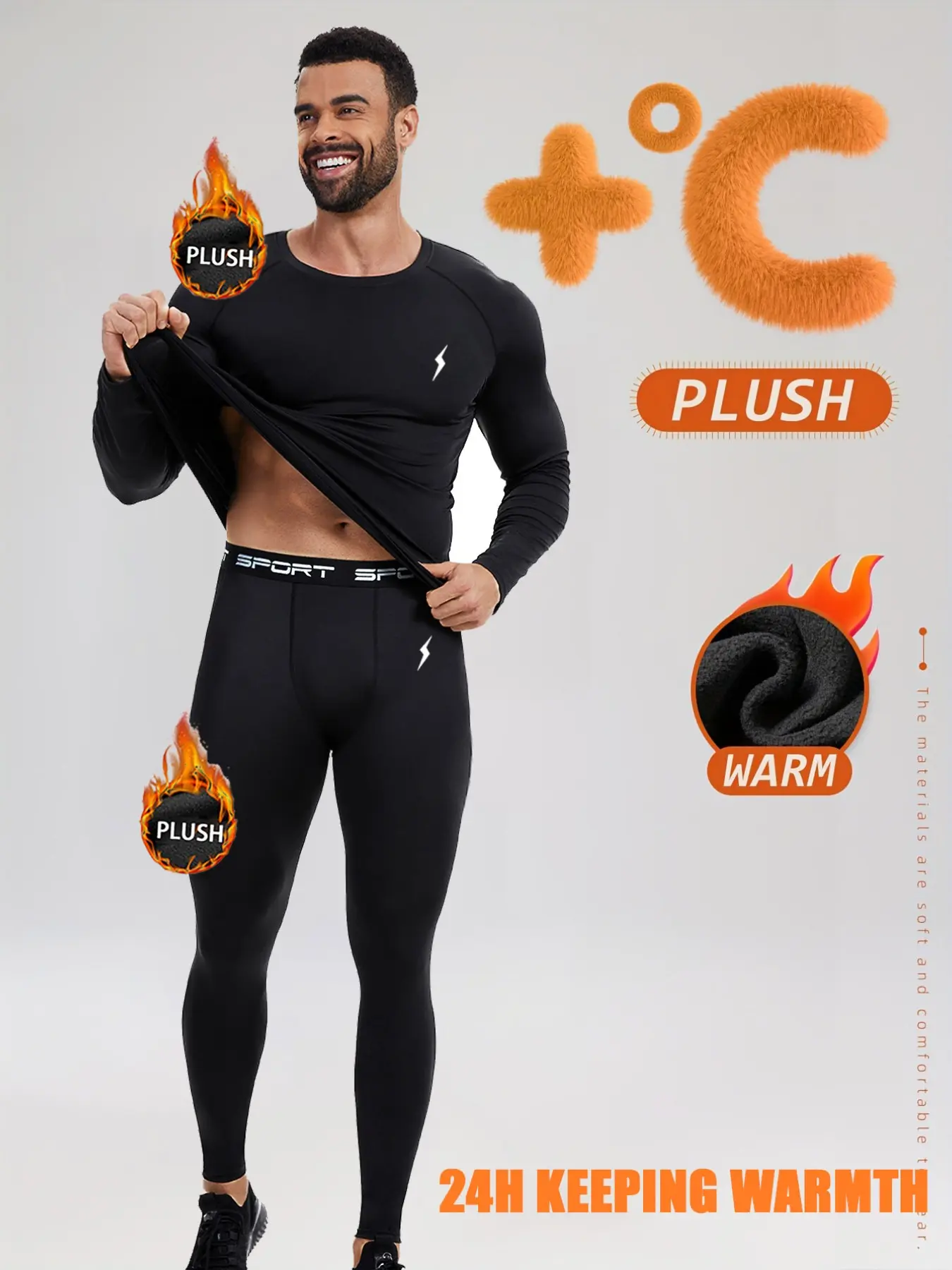 2 Pcs Men's Thermal Underwear Set Fleece Lined Base Layer with Lightning Print Black Warm Plush Long Johns for Winter Skiing Extreme Cold Weather Gear