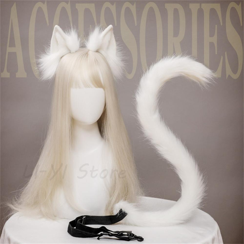 2Pcs/set Plush Cat Ears Tail Set Realistic Lolita Headband Cat Tail  Props Hand-made Simulation Animal Ears