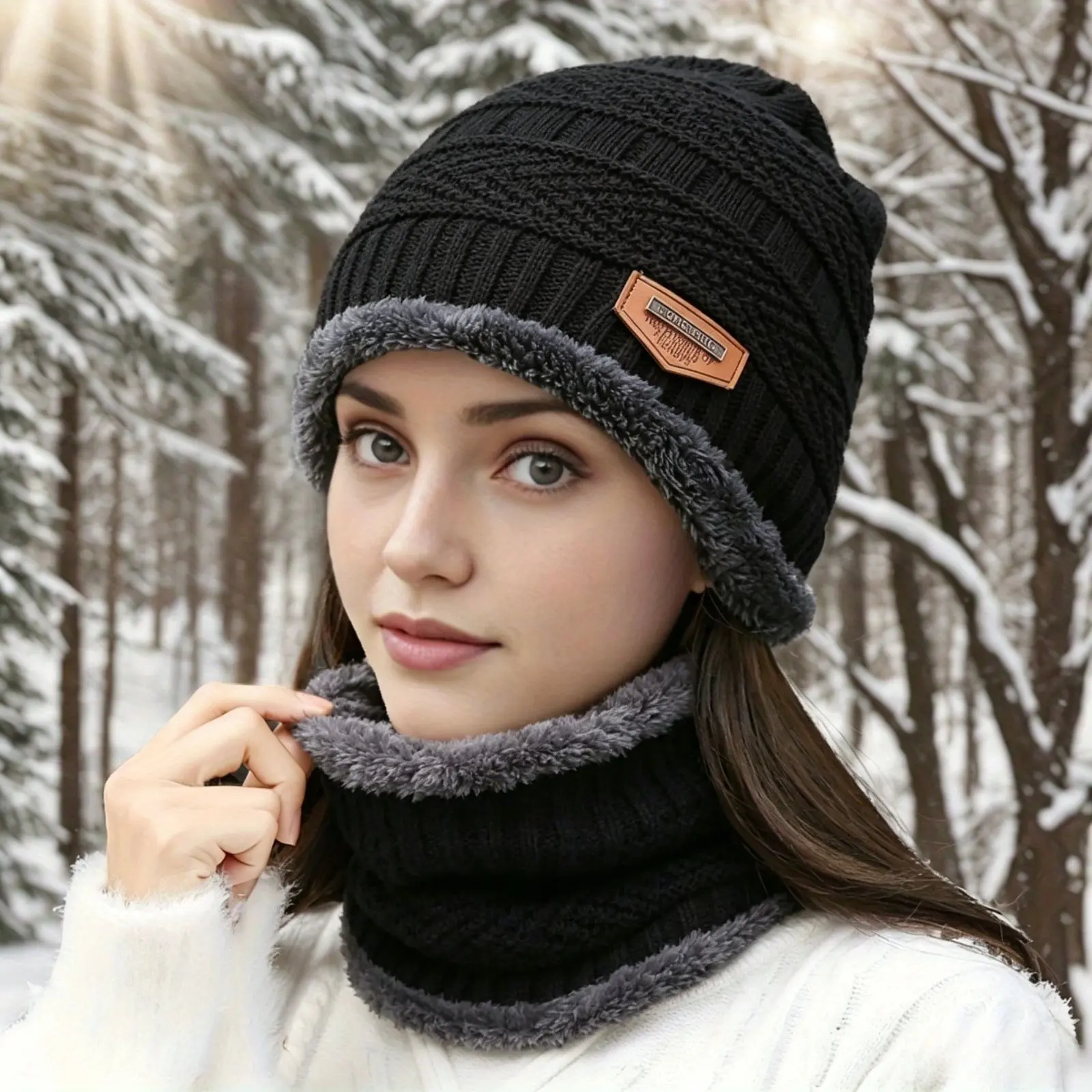 Unisex Winter Warmth Beanie Hat & Scarf Set, Stylish Knit Skull Cap for Men and Women, Knit Winter Thick Muffler Collar Plus Hat Set， Best Winter Gift Set