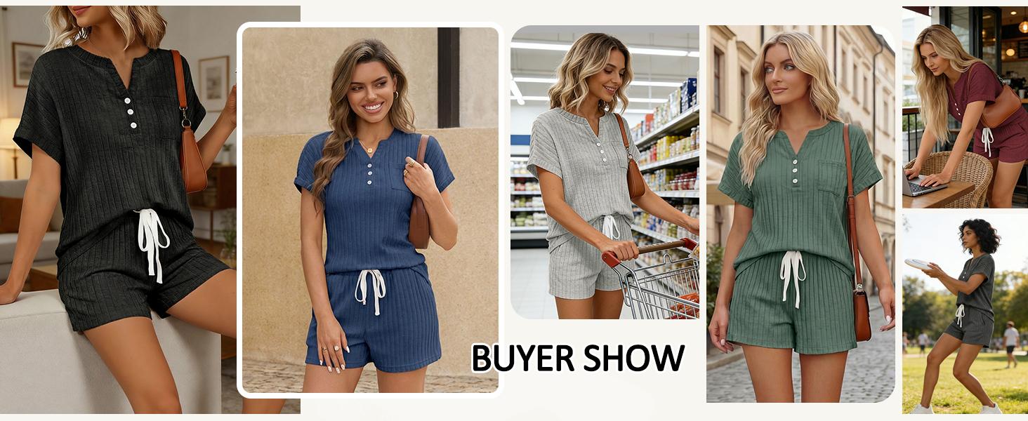 Yousify 2 Piece Short Sets for Women Summer 2026 Lounge Short Sleeve Henley Outfits Sweatsuit with Pocket