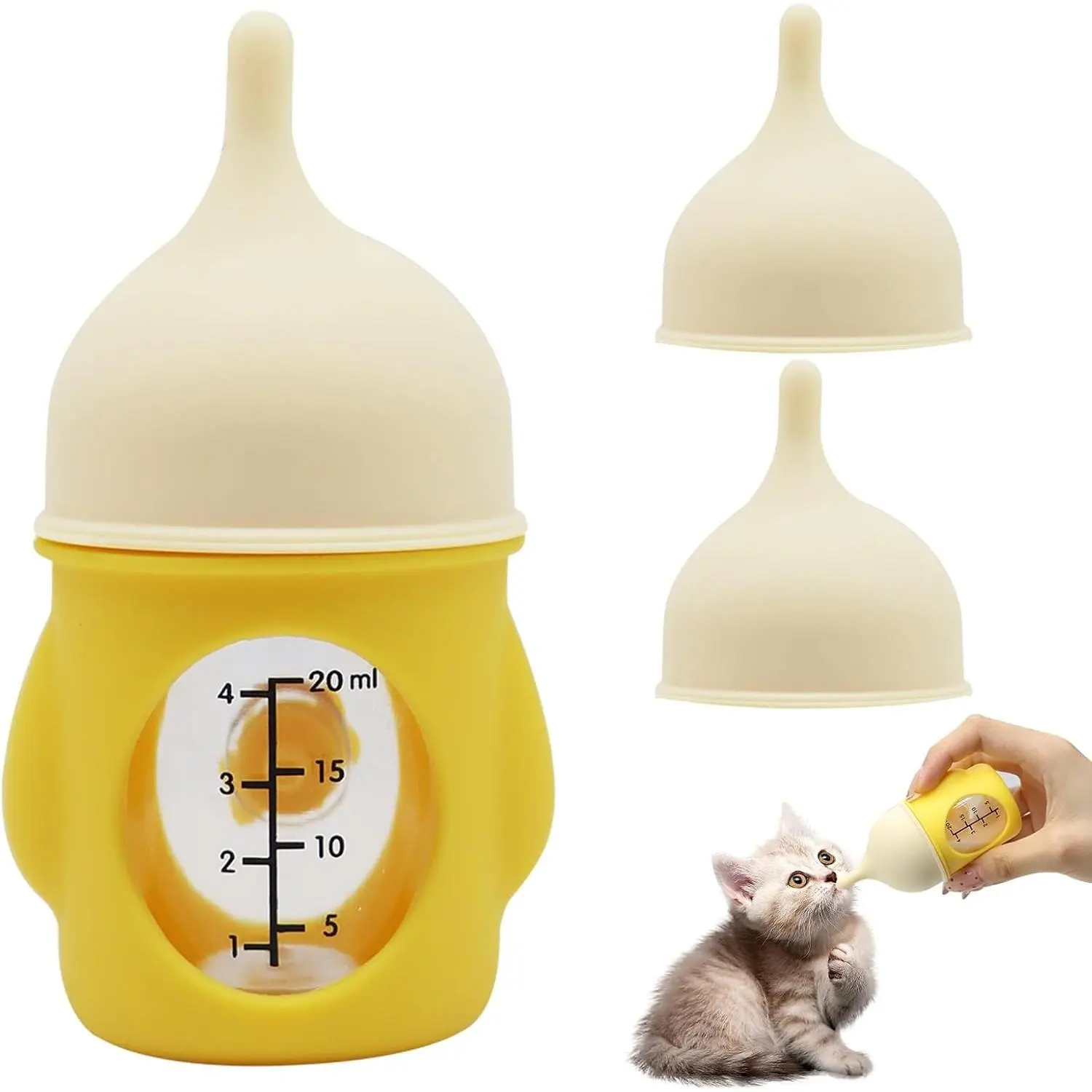Anti-Choking Pet Feeding Bottles for Newborn Kittens Puppies Small Animals Nursing with 2 Pcs Replacement Nipples Yellow 20 ml