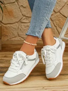 Women's Side Zip Aggressive Shoes, Lightweight Casual Sports Shoes, Color Block Laces, Daily Commute Versatile Two-Color Women's Shoes