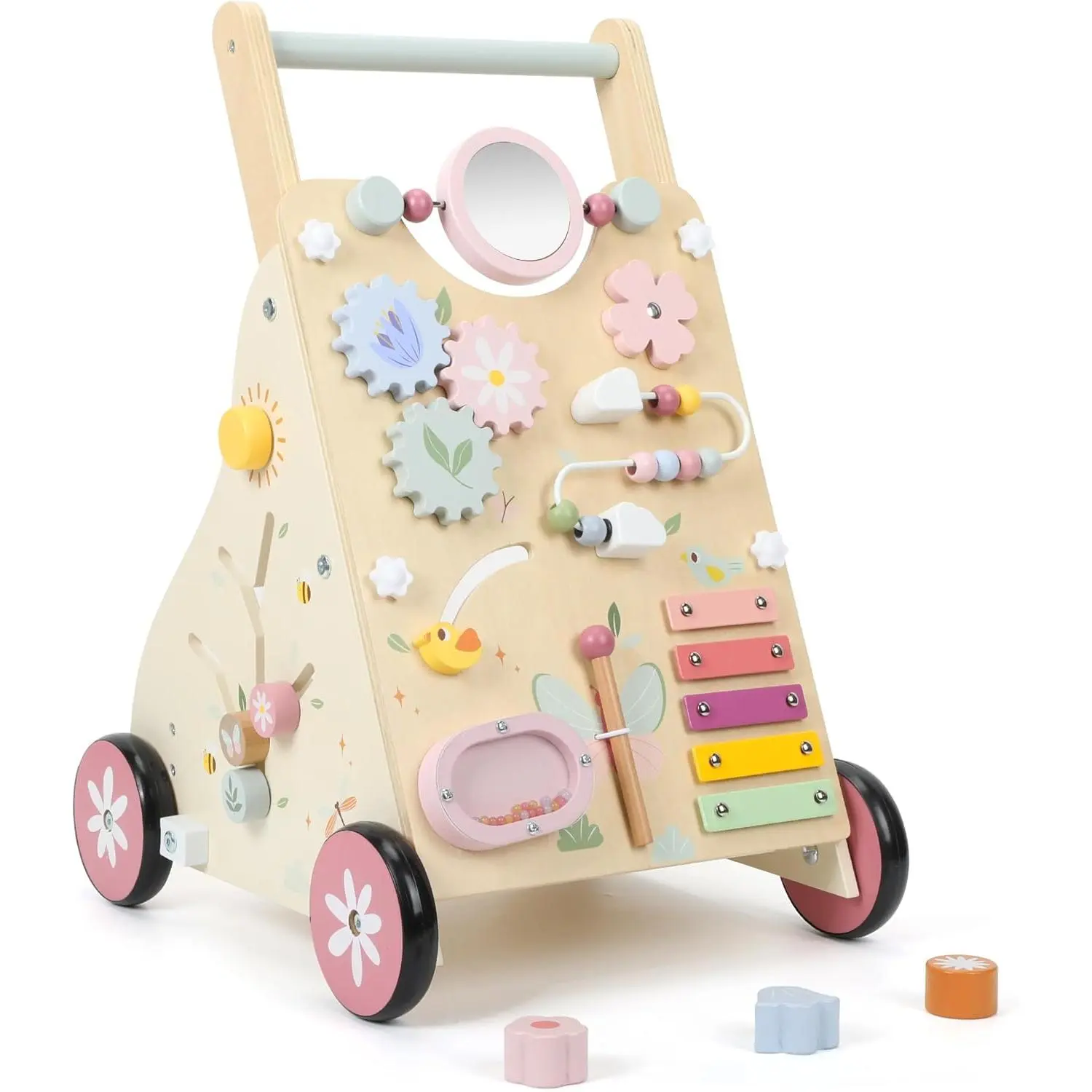 Wooden Baby Walker, Baby Push Walker, Push Walker Toys  Babies Learning to Walk & Sit-to-Stand, with Montessori Sensory Toy & Activity Center  Girls Boys