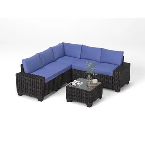 Garvee 6 Pieces Outdoor patio Sectional Furniture PE Rattan Sofa Set, All Weather Wicker Modular Patio Conversation Couch Sets with Coffee Table & Thickened Cushions for Backyard, Poolside, Coffee & Blue