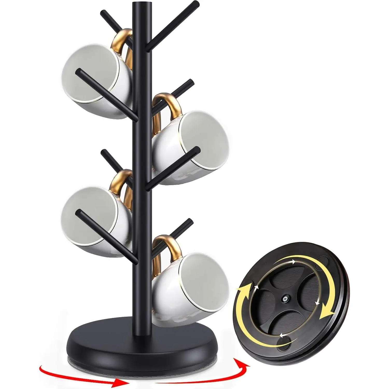 Rotating Mug Tree, 8-Hook Coffee Mug Holder for Countertop 360° rotating coffee cup holder with 8 hooks and double bamboo base for coffee bars, kitchen counters, and large mugs.