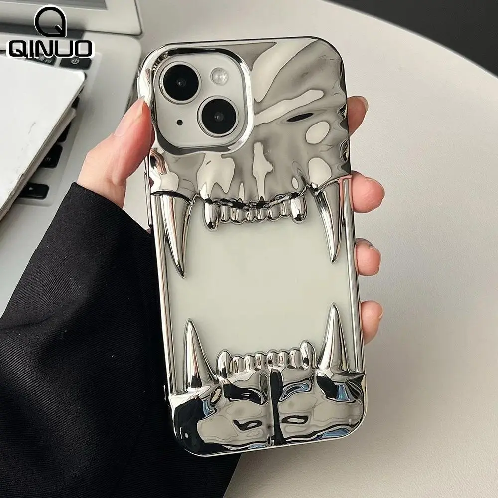 3D Electroplated Tiger Teeth Hollow   for iPhone 17 Air  15 14 Plus 13 12 11 Pro Max Shockproof Protective Soft Cover 360   shiny furry   fun musical  game  fashion  couple  flower case