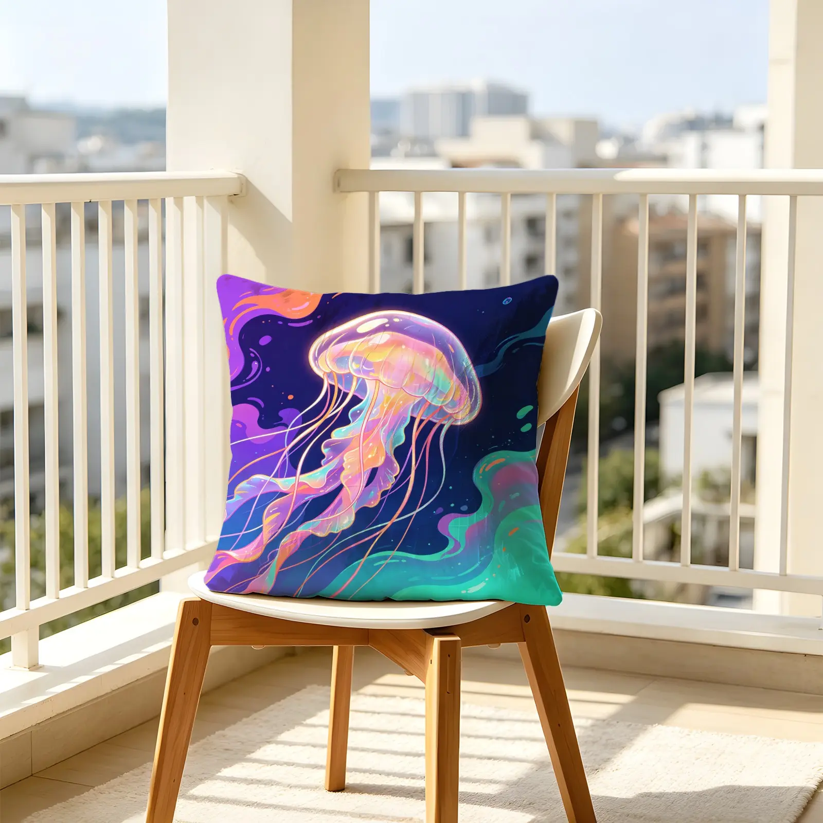 Square Throw Pillow with Anime Neon Gradient Iridescent Ocean Jellyfish Print, 45×45cm, Filled Insert Included, Waist Support Cushion for Game Room Sofa Bay Window Patio, Decor Gift