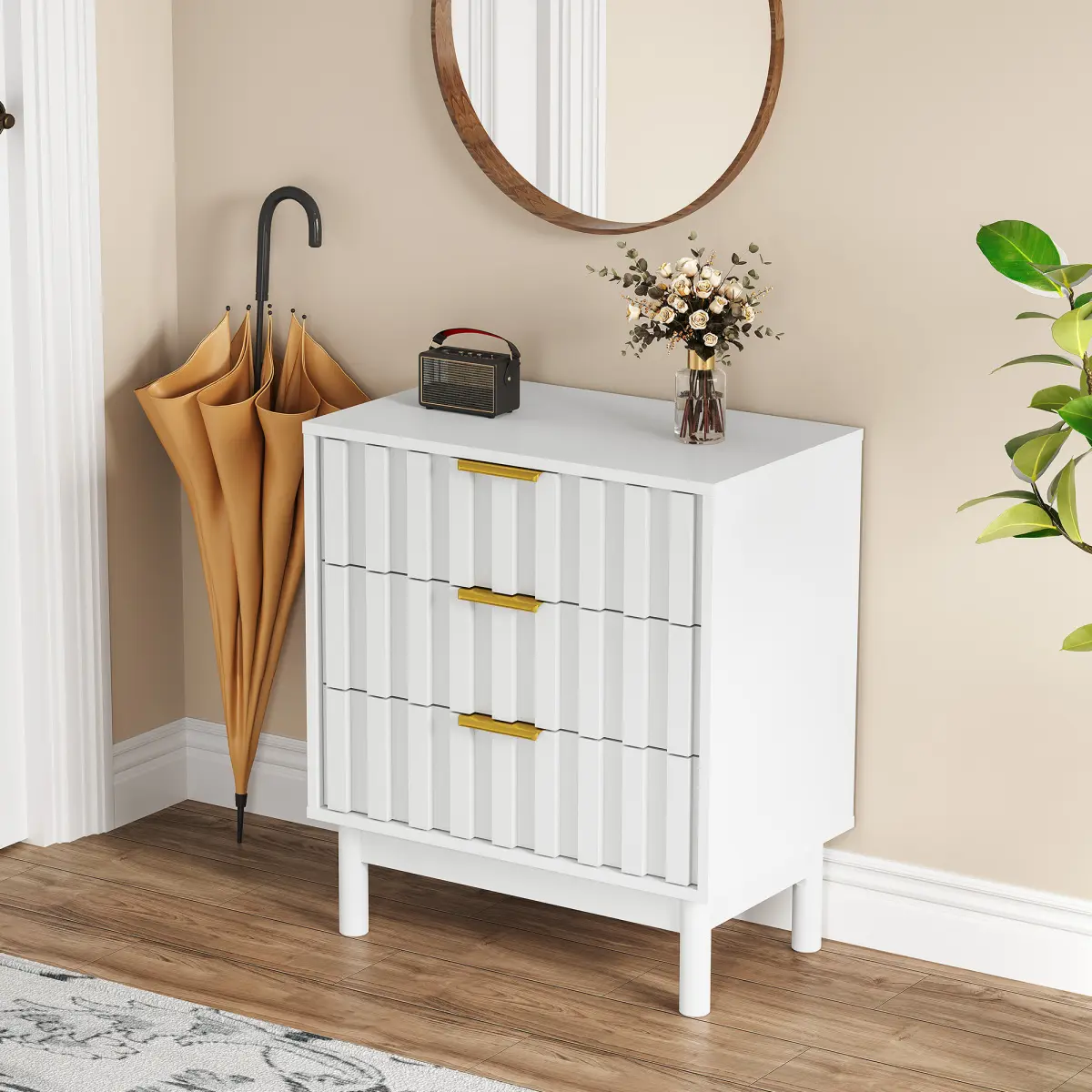 [Bellemave] 3 Drawer Dresser with Fluted Panel Design, Modern Wood Chest of Drawers with Chic Edge Pull, Large Nightstand Side Table, Wood Storage Organizer for Bedroom, Living Room, Entryway, White