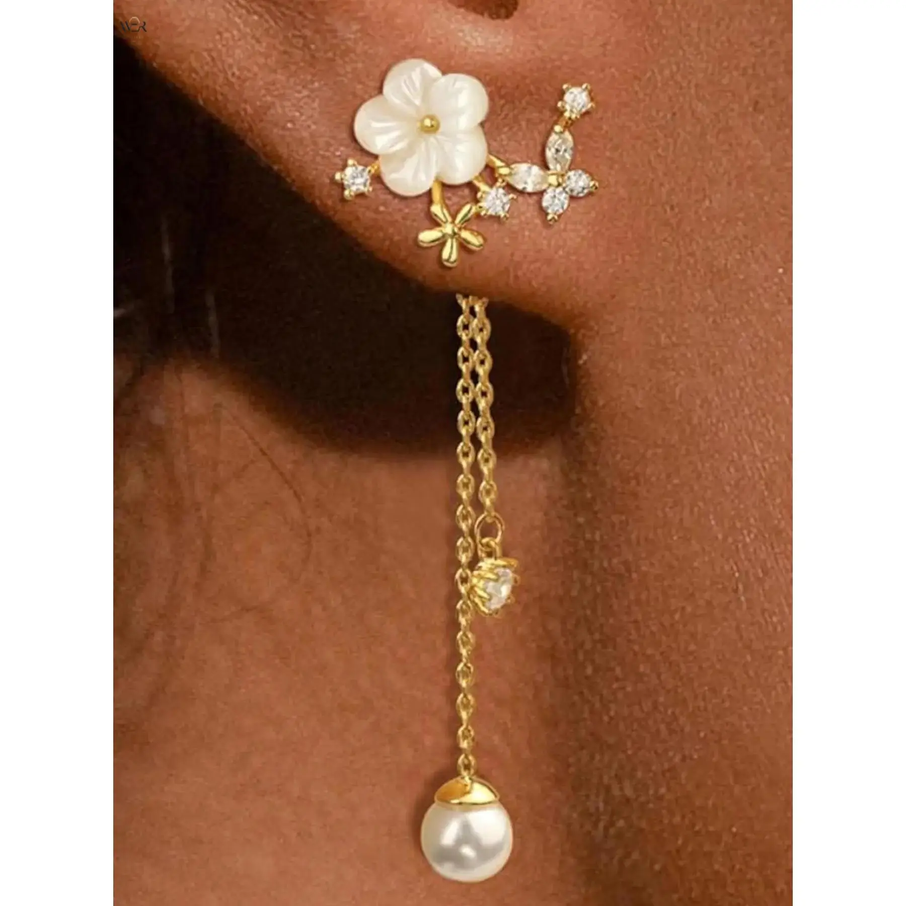 Gold Pearl Flower Dangle Earrings Crystal Zirconia Freshwater Pearl Statement Lightweight Feminine Daily Wear Special Occasion Perfect Gift Women Girls Versatile Fashion Jewelry Accessory Elegant Sparkling Stylish Trendy Summer Look