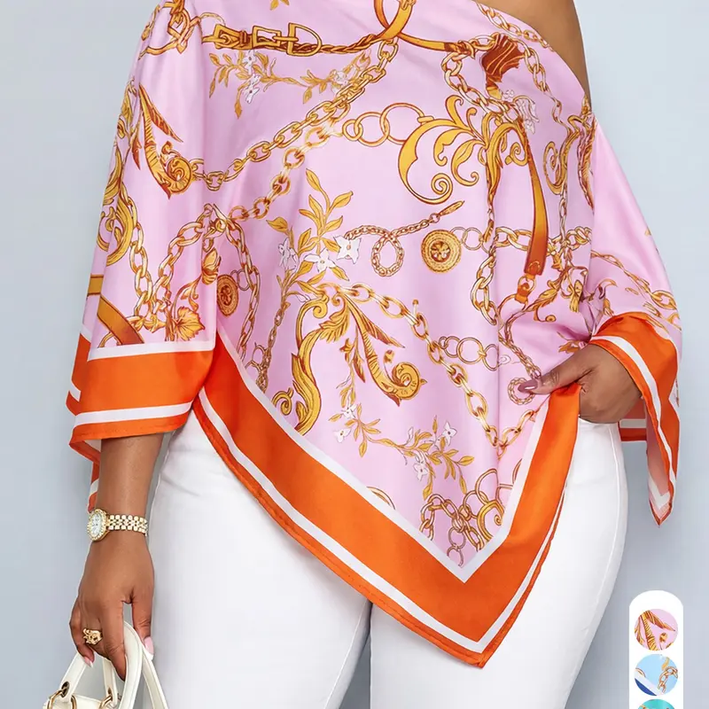 Women's Elegant Chain Print Poncho Blouse, One Shoulder Batwing Sleeve Asymmetrical Hem Loose Fit Summer Top for Casual Wear, Party and Vacation, Casual Summer Tops