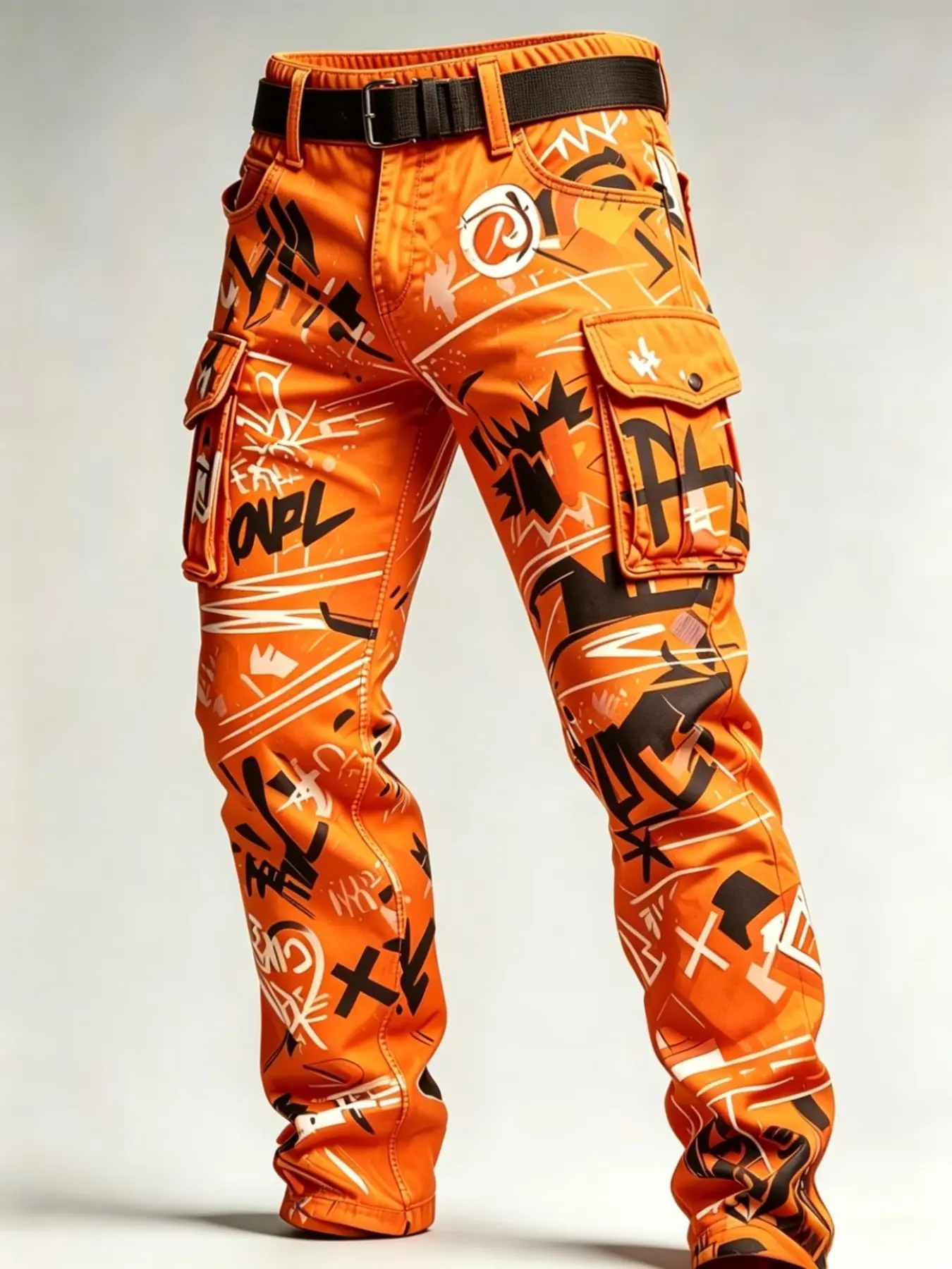 Men's Graffiti Print Cargo Pants, Street Art Letter Symbols, Multi-Pocket Straight Leg Long Pants, No Belt Included