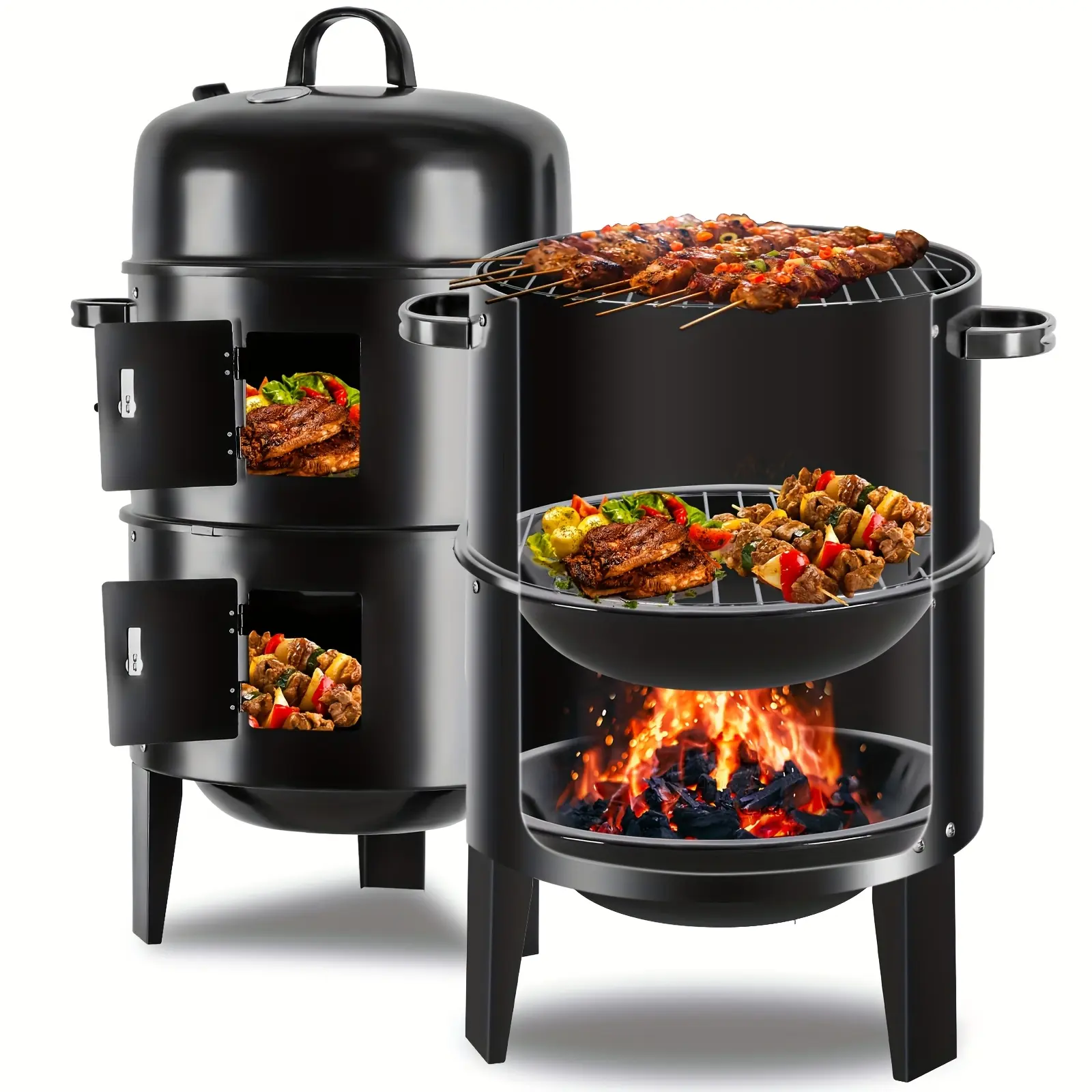 [Father's Day Gift] 16 Inch 3-Tier Vertical Charcoal Smoker Grill with 2 Free BBQ Tongs, Portable Outdoor BBQ Smoker Grill for Smoking, Grilling & Cooking, Easy Heat Control Charcoal Grill for Camping, Backyard & Patio, Black, Father's Day Gift for Dad, B