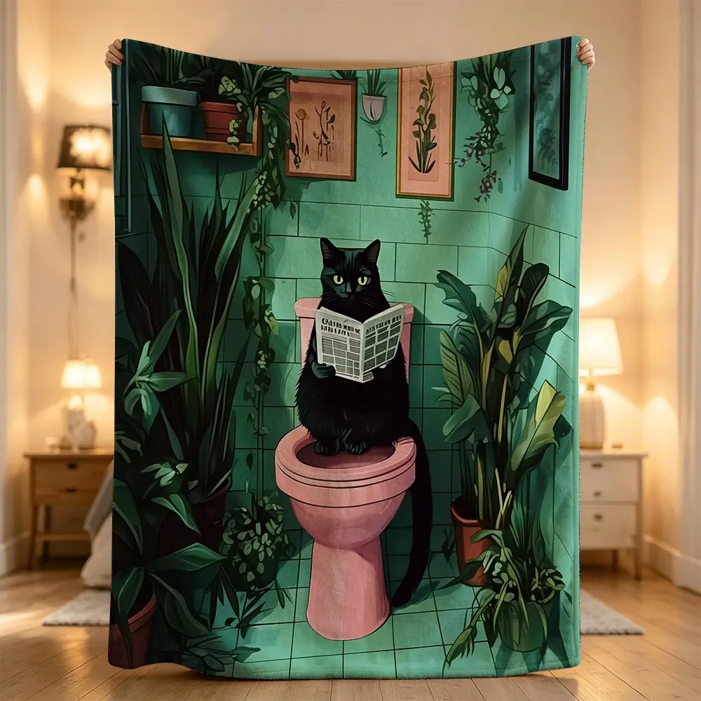 Black cat green bathroom pink toilet plants cozy design blanket Flannel blanket, sofa leisure blanket, bed blanket, Plush Throw Blanket,Cozy Soft Lightweight Blanket,Boho Decorative Throw Blanket