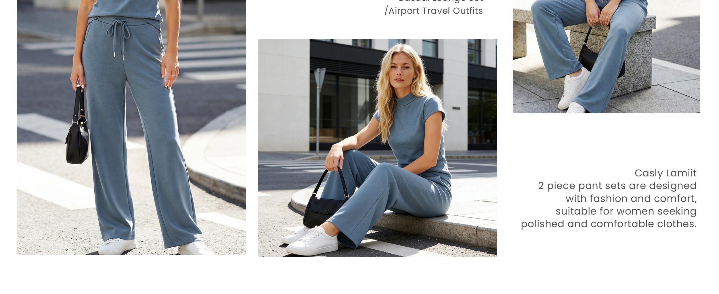 Casly Lamiit Two Piece Sets for Women 2026 Summer Travel Outfits Mock Neck Cap Sleeve Tops Lounge Set Wide Leg Pants